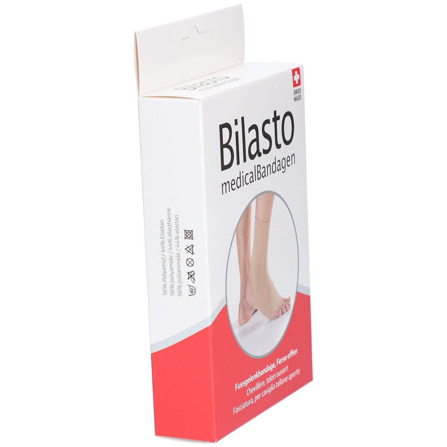 Emballage de bandage médical Bilasto. Chevillère, talon ouvert. Swiss Made. Vue en biais.