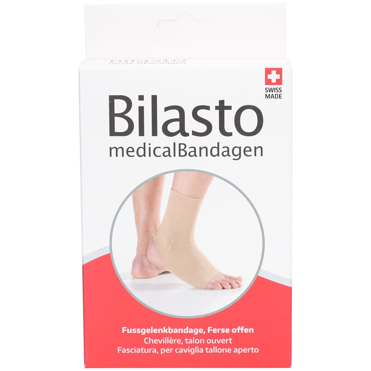 Emballage de bandage médical Bilasto. Chevillère, talon ouvert. Swiss Made. Illustration d'un pied.