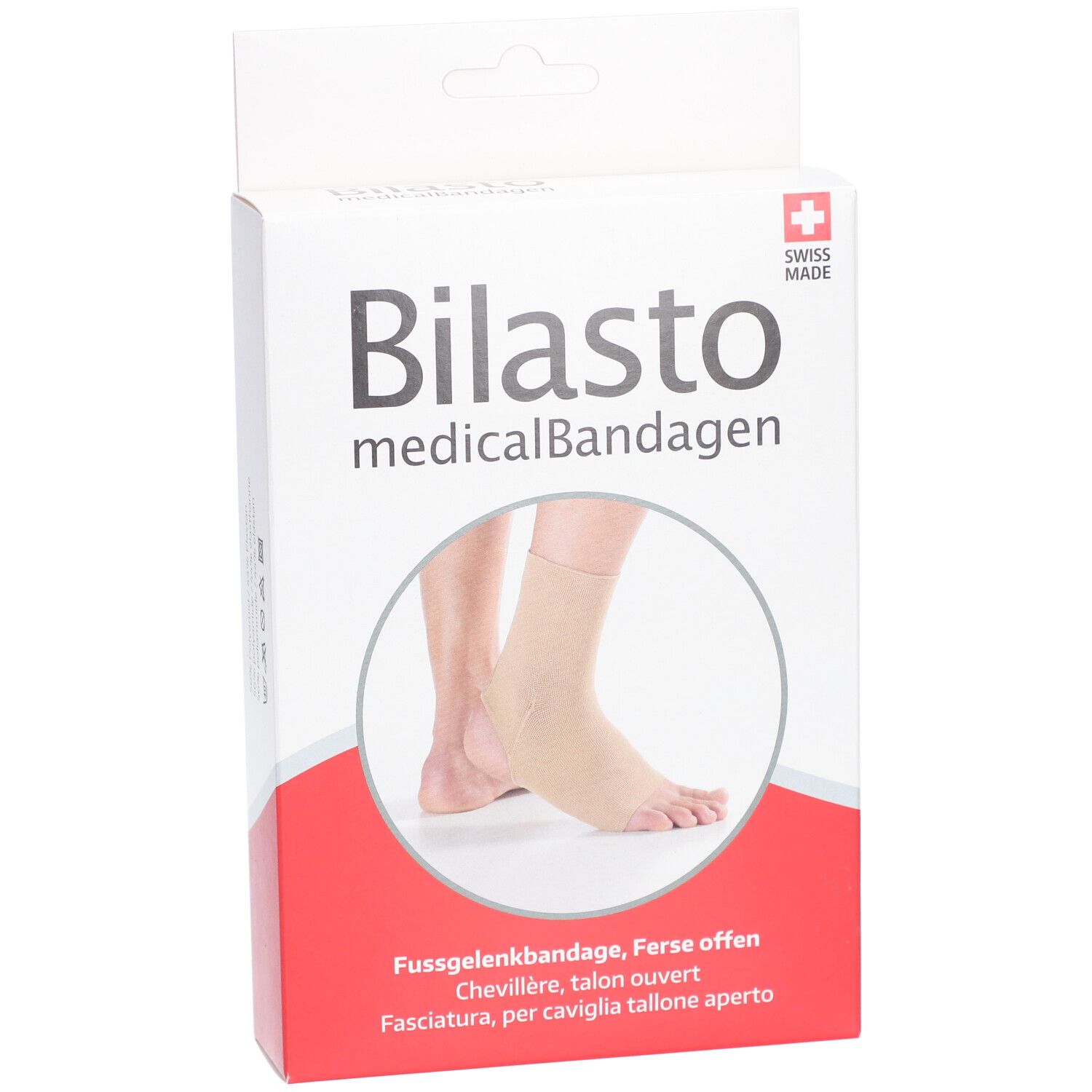 Emballage de bandage médical Bilasto. Chevillère, talon ouvert. Swiss Made. Illustration d'un pied.