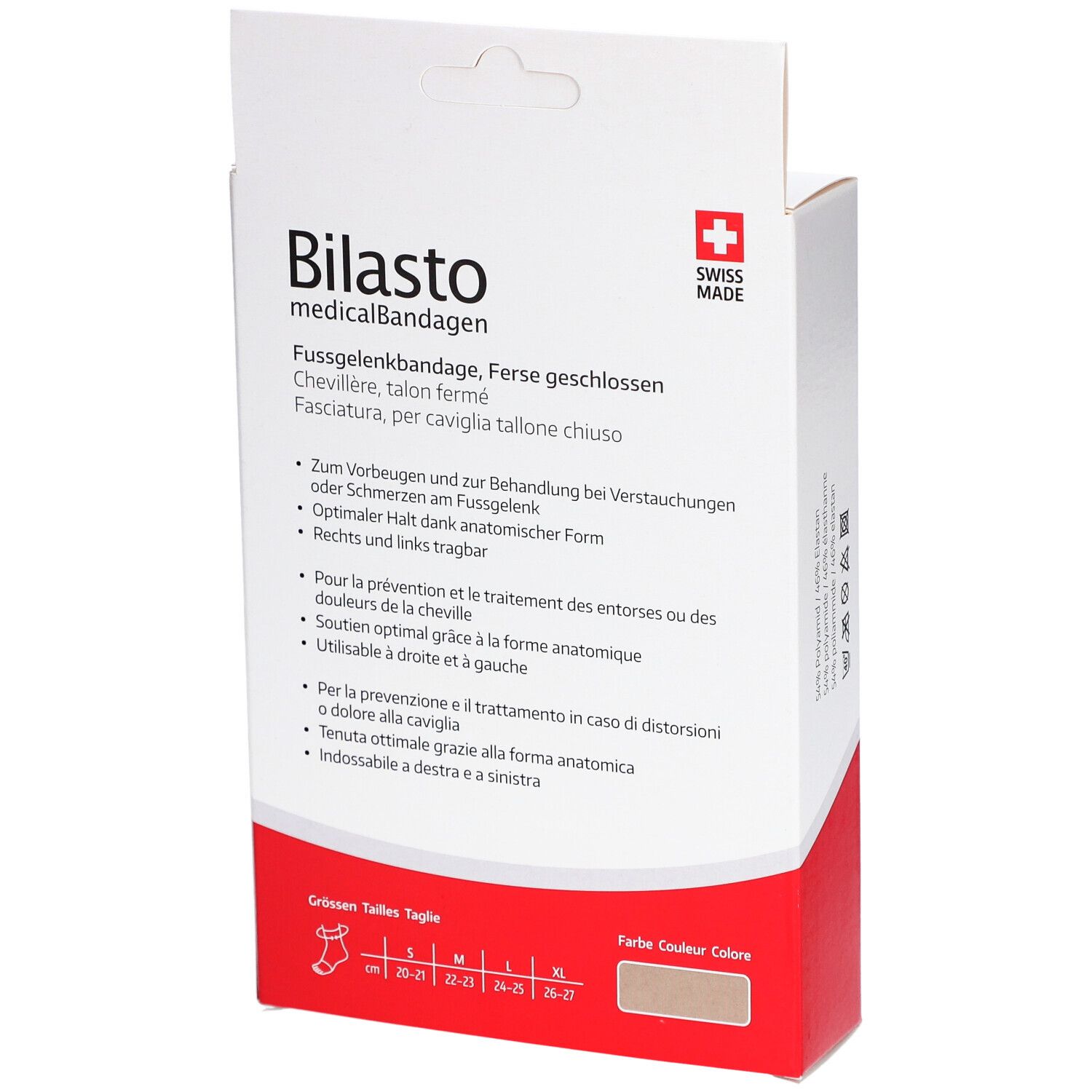 Dos de la boîte de bandage Bilasto. Texte: medicalBandagen, Swiss Made. Tailles, couleur beige.