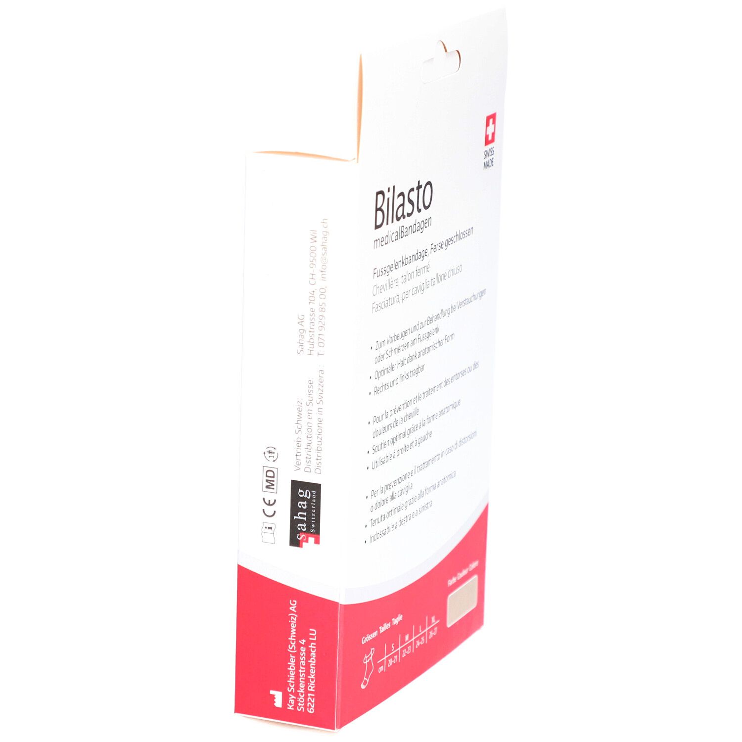 Côté de la boîte de bandage Bilasto. Texte: medicalBandagen, Swiss Made. Adresse du fabricant, marquage CE.