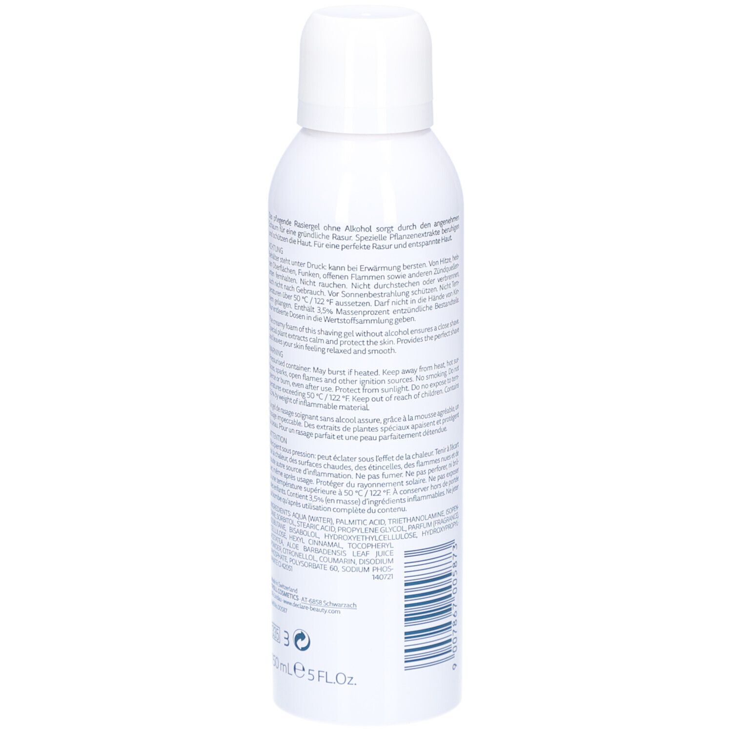 Dos du flacon de gel à raser blanc. Texte multilingue. Code-barres et indication de quantité: 150 ml.