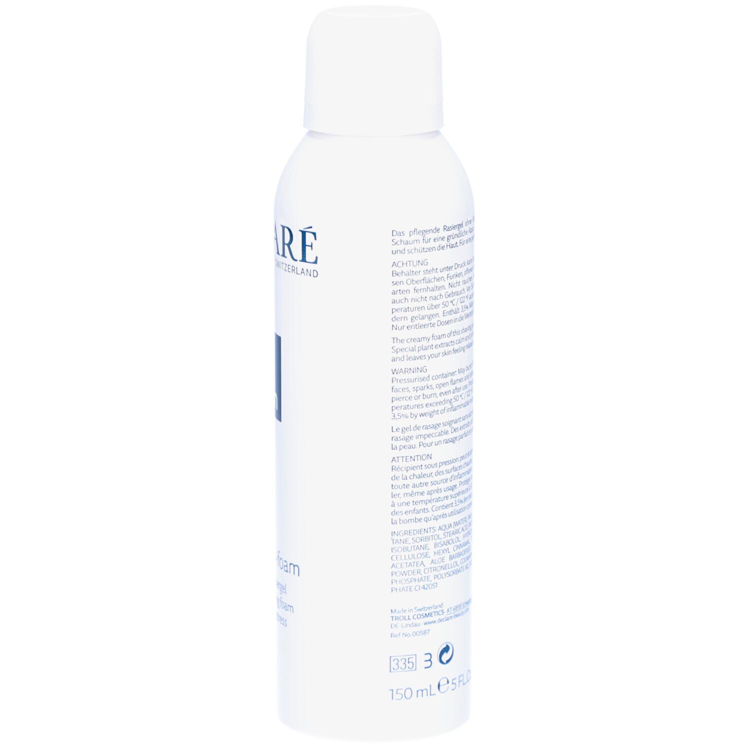 Flacon de gel à raser blanc, vue latérale. Texte au dos. Logo DECLARÉ et indication de quantité: 150 ml.