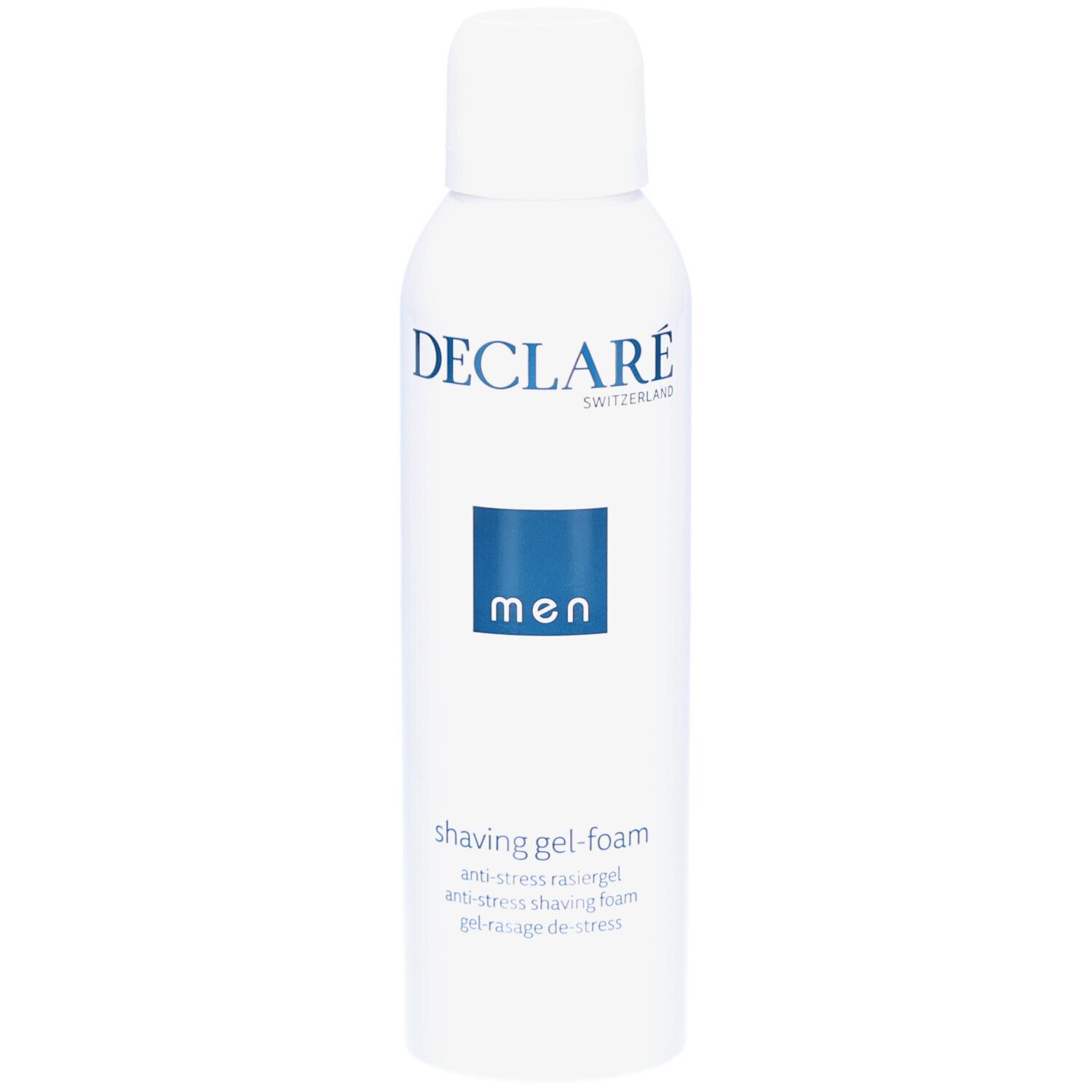 Flacon de gel à raser blanc avec bouchon. Logo DECLARÉ et "men" sur fond bleu. Texte: shaving gel-foam, anti-stress rasiergel.
