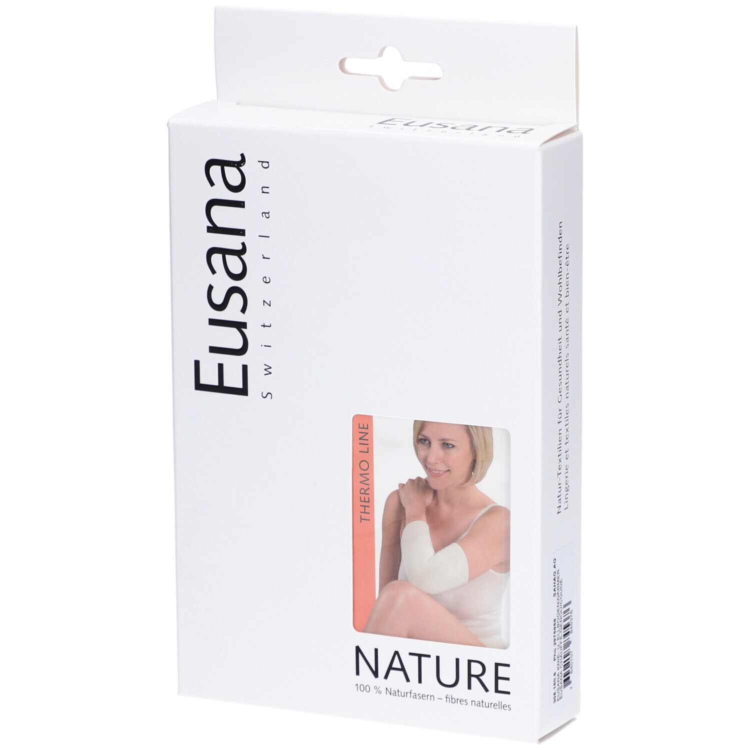Emballage avec image du produit. Marque Eusana, texte "NATURE". Produit: EUSANA Chauffe-Coude Thermo L Ivoire.