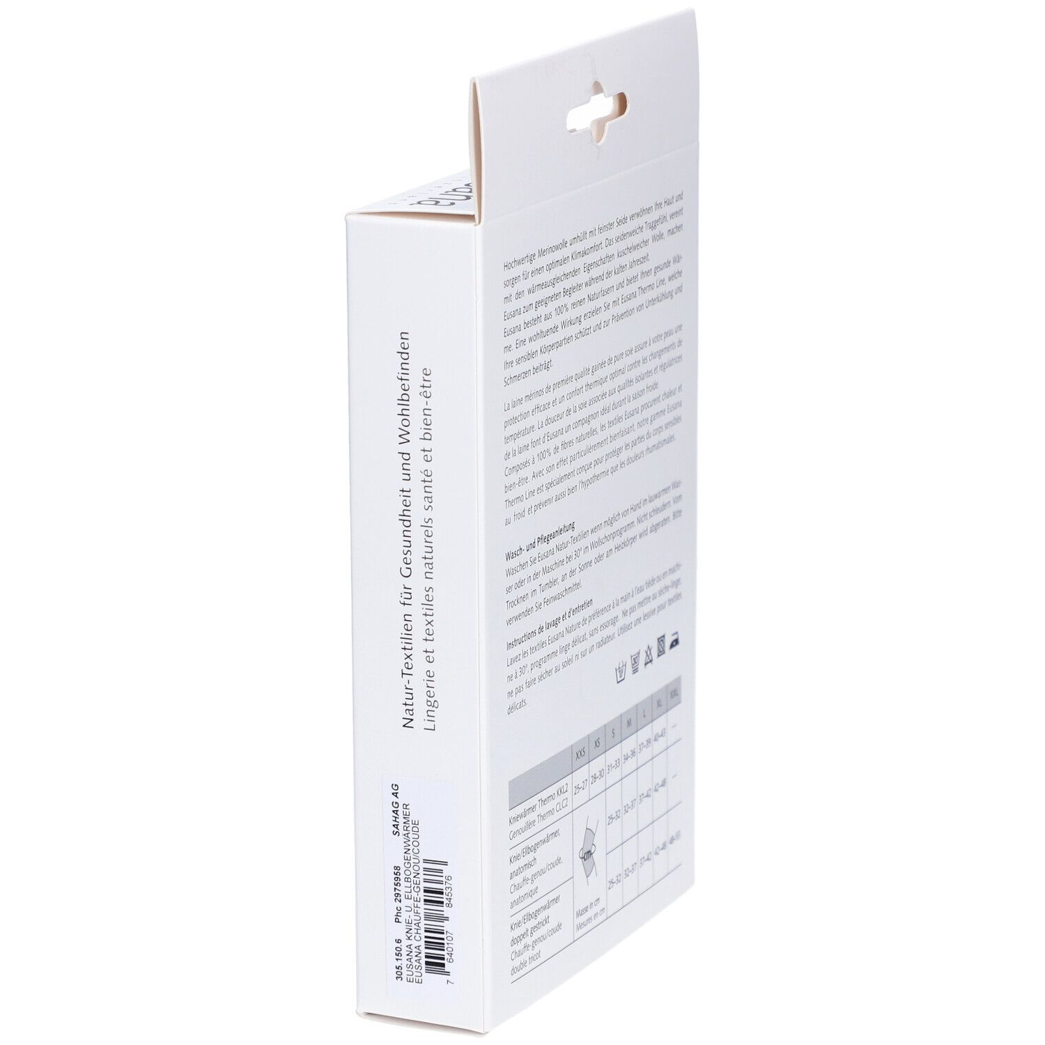 Vue latérale de l'emballage. Informations textuelles, code-barres. Produit: EUSANA Chauffe-Coude Thermo L Ivoire.