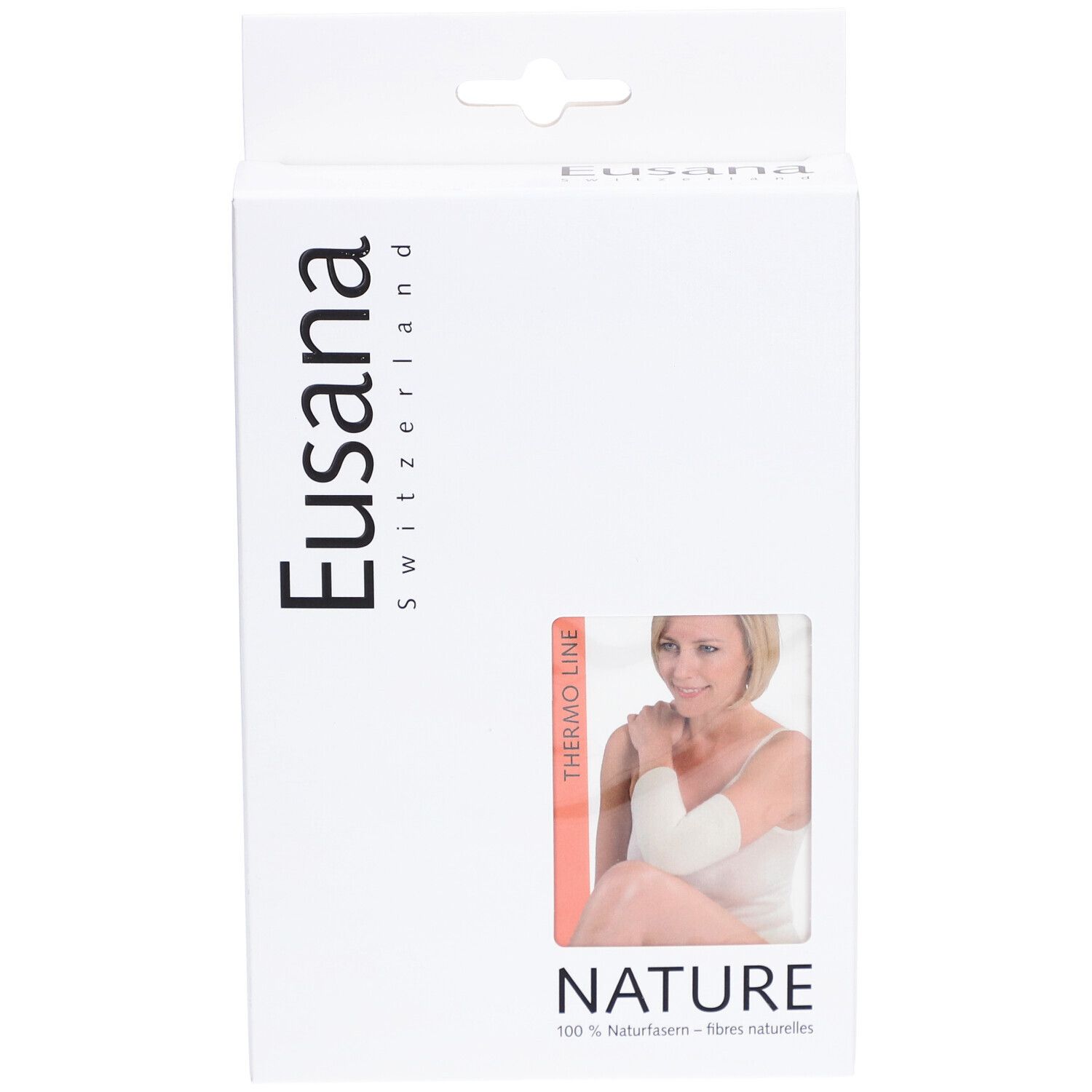 Emballage avec image du produit. Marque Eusana, texte "NATURE". Produit: EUSANA Chauffe-Coude Thermo L Ivoire.