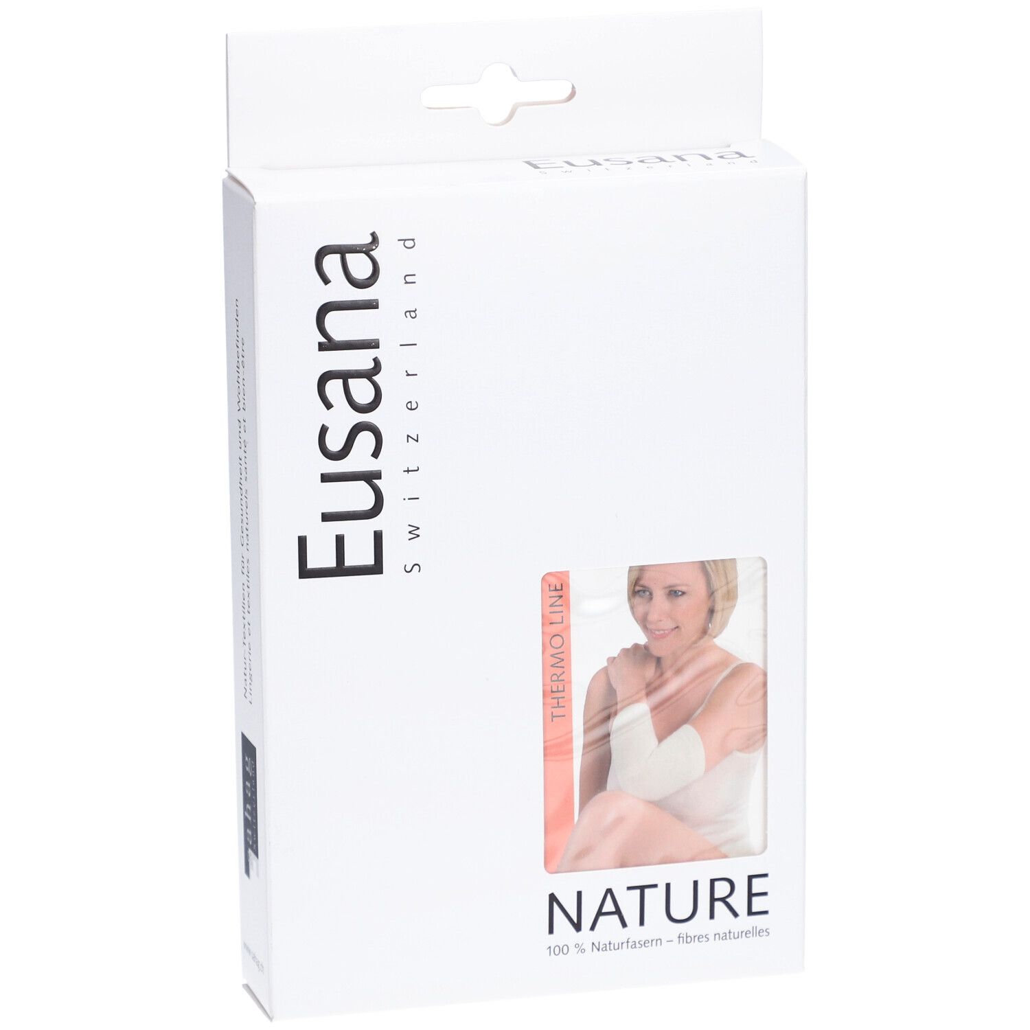 Emballage avec image du produit. Marque Eusana, texte "NATURE". Produit: EUSANA Chauffe-Coude Thermo L Ivoire.