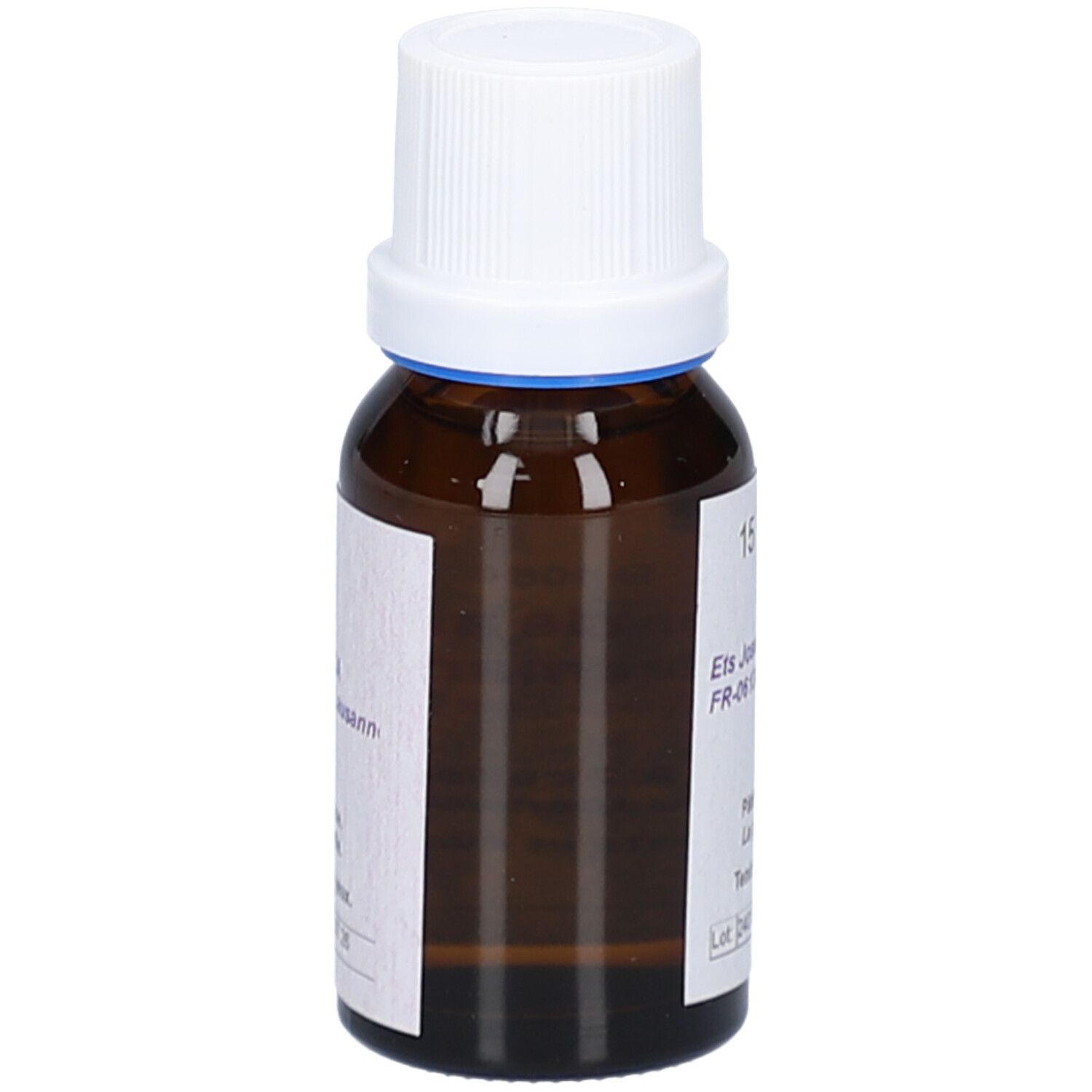 Flacon en verre brun avec bouchon blanc. Étiquette avec texte. Col de la bouteille avec anneau bleu. Vue latérale du produit.