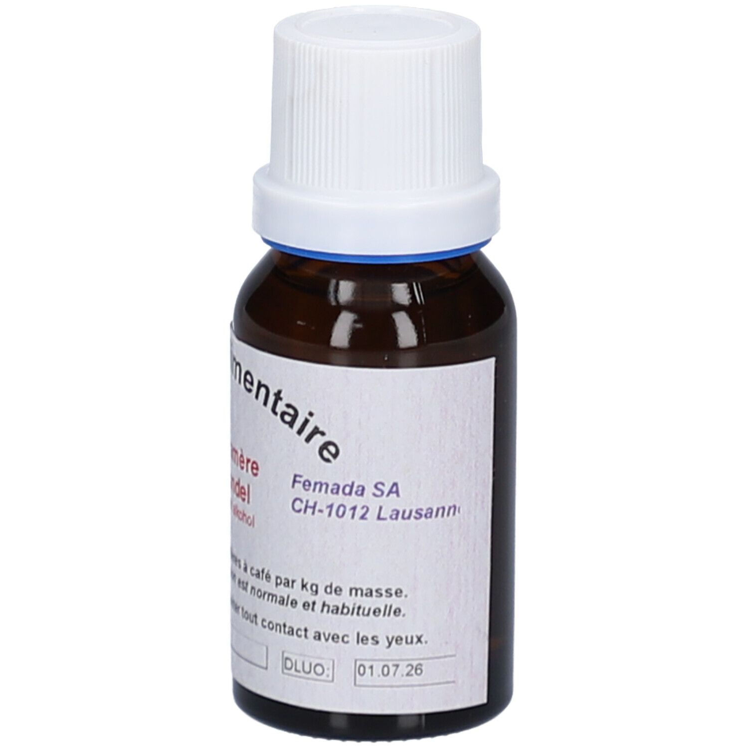 Flacon en verre brun avec bouchon blanc. Étiquette avec texte. Col de la bouteille avec anneau bleu. Adresse du fabricant et date de péremption.