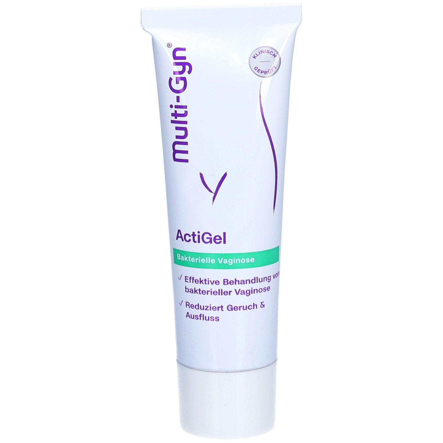 Tube blanc Multi-Gyn ActiGel. Inscription: ActiGel, vaginite bactérienne. Bande verte et logo violet.