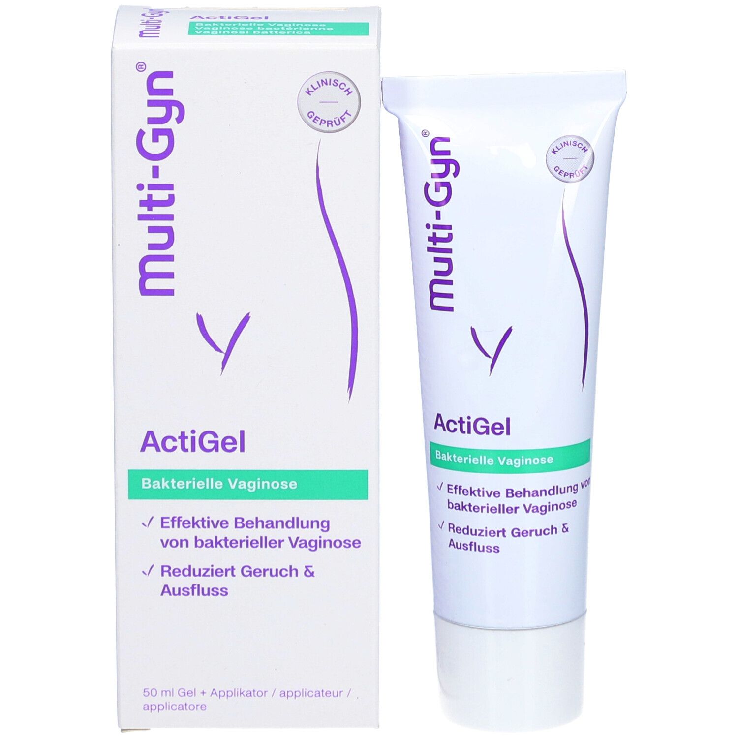 Emballage et tube. Emballage: blanc avec logo violet et texte vert. Tube: blanc avec bande verte.