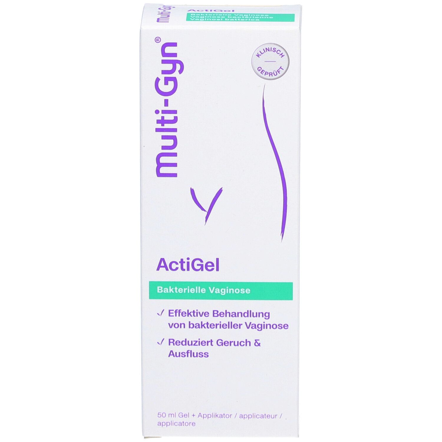 Emballage du produit. Blanc avec logo violet et texte vert. Contient des informations sur ActiGel et la vaginite bactérienne.