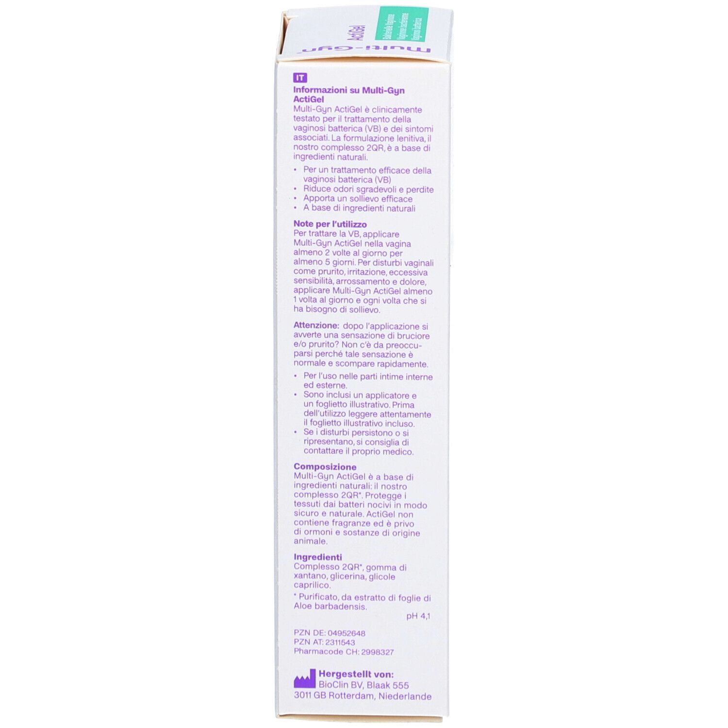 Dos de l'emballage. Texte multilingue. Informations sur Multi-Gyn ActiGel et les ingrédients.