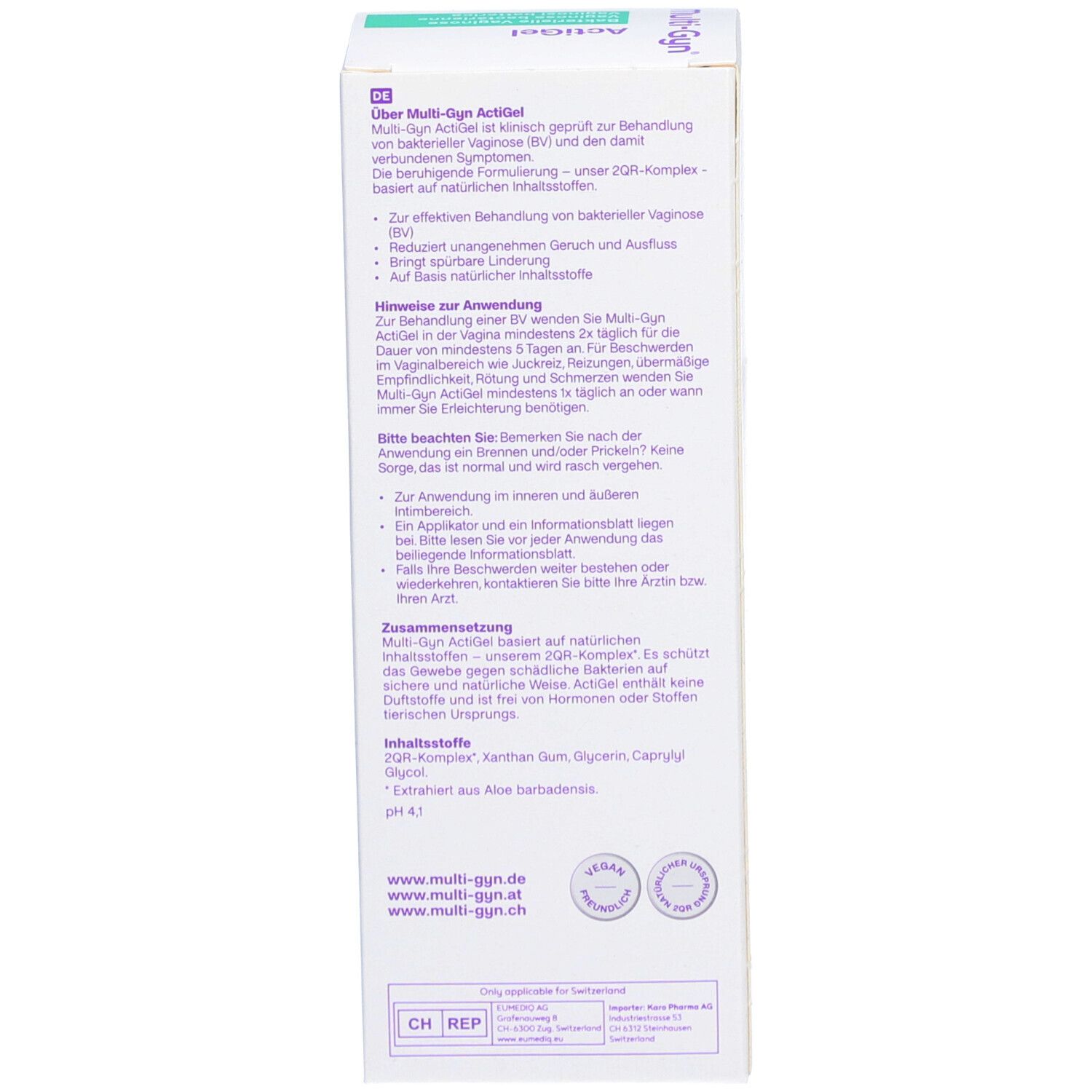 Dos de l'emballage. Texte multilingue. Informations sur Multi-Gyn ActiGel et les ingrédients.