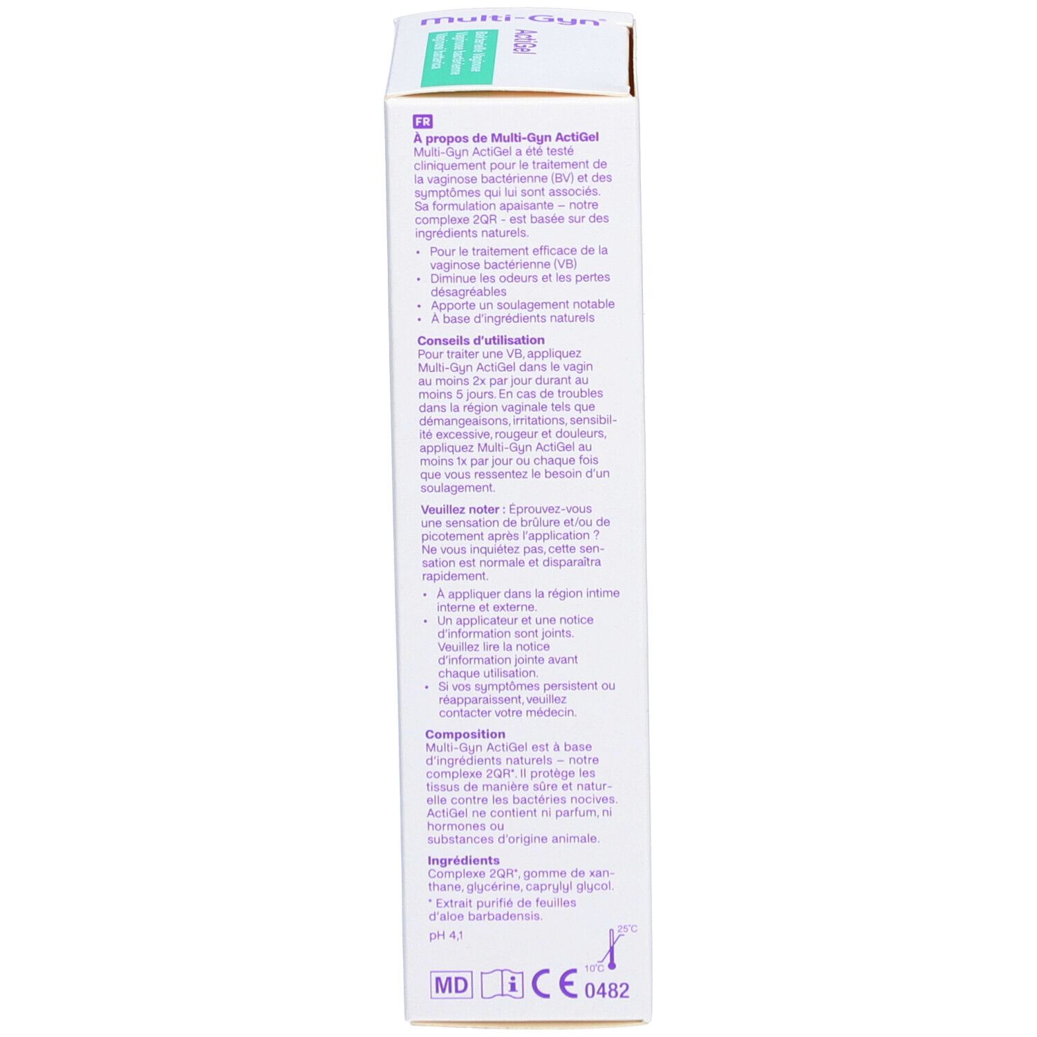 Dos de l'emballage. Texte multilingue. Informations sur Multi-Gyn ActiGel et les ingrédients.
