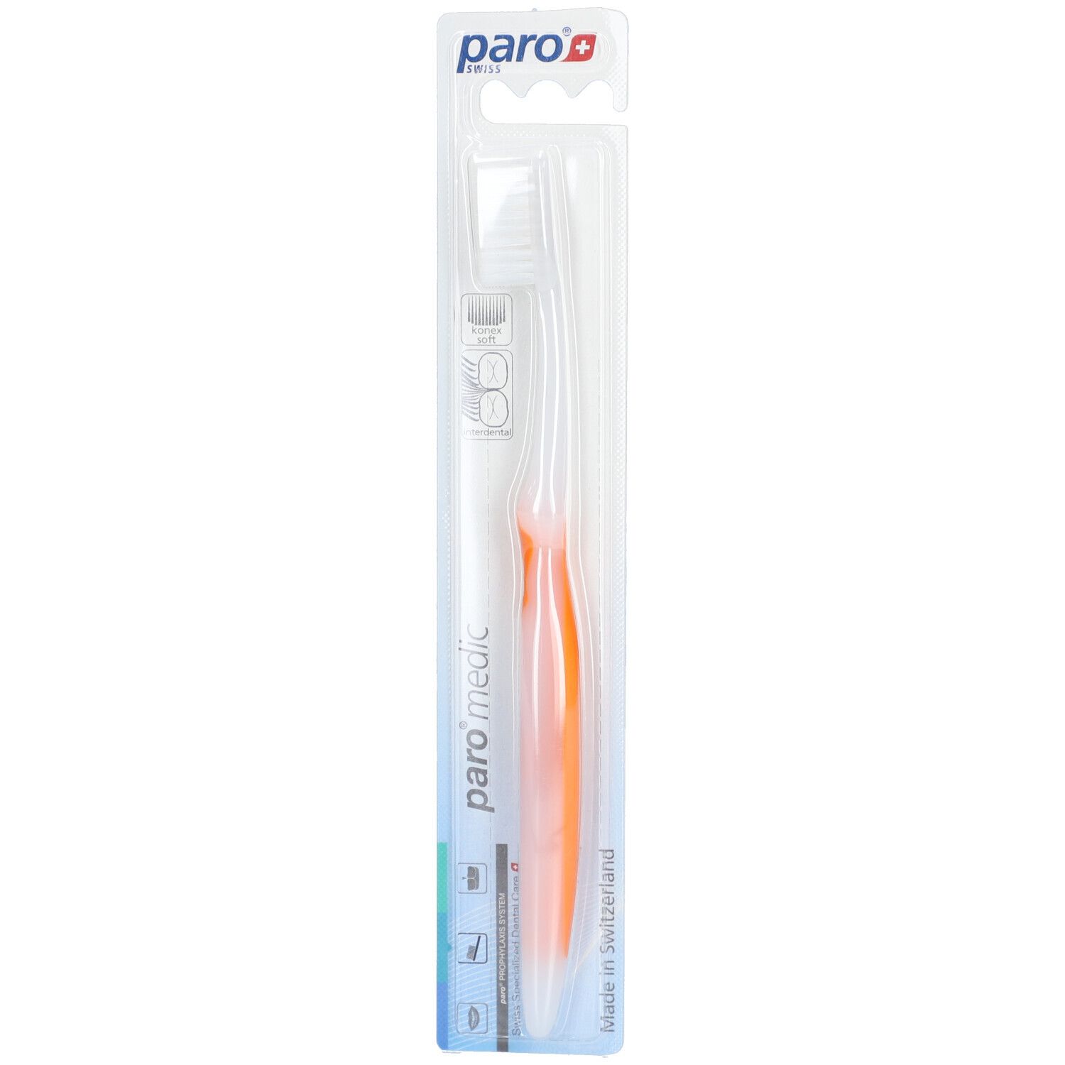 Brosse à dents orange dans un emballage transparent. Marque : paro medic.