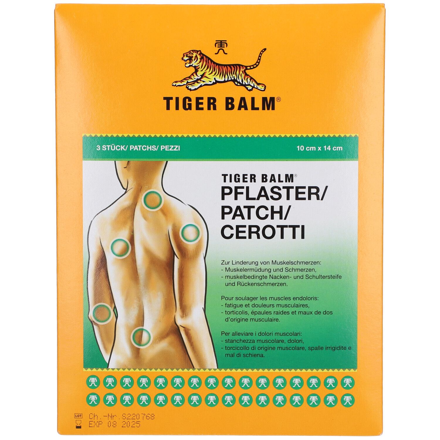 Emballage de TIGER BALM® Pflaster. Emballage jaune avec image du produit et texte. Montre une personne avec des patchs sur le dos.