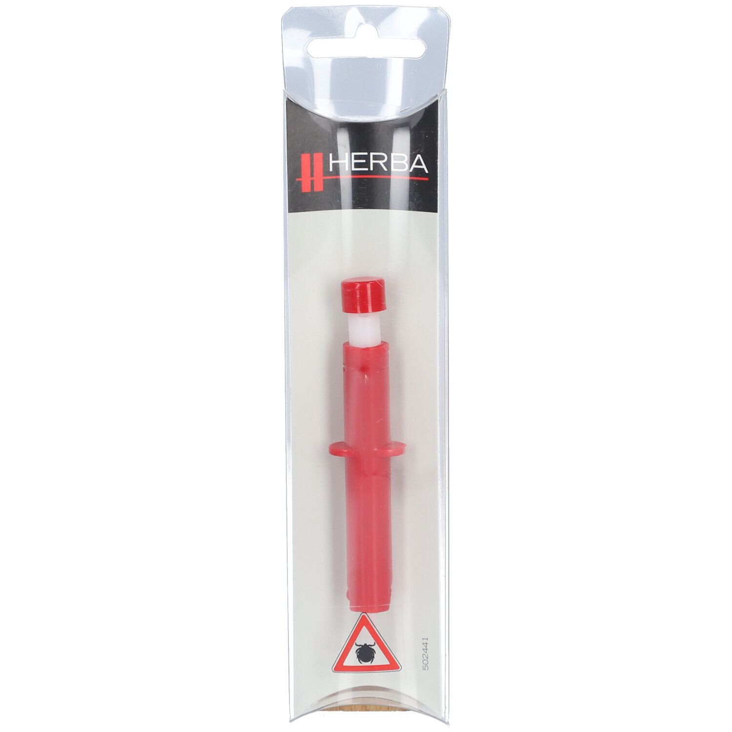 Pince à tiques rouge en plastique, emballage blister. Logo Herba et symbole d'avertissement.