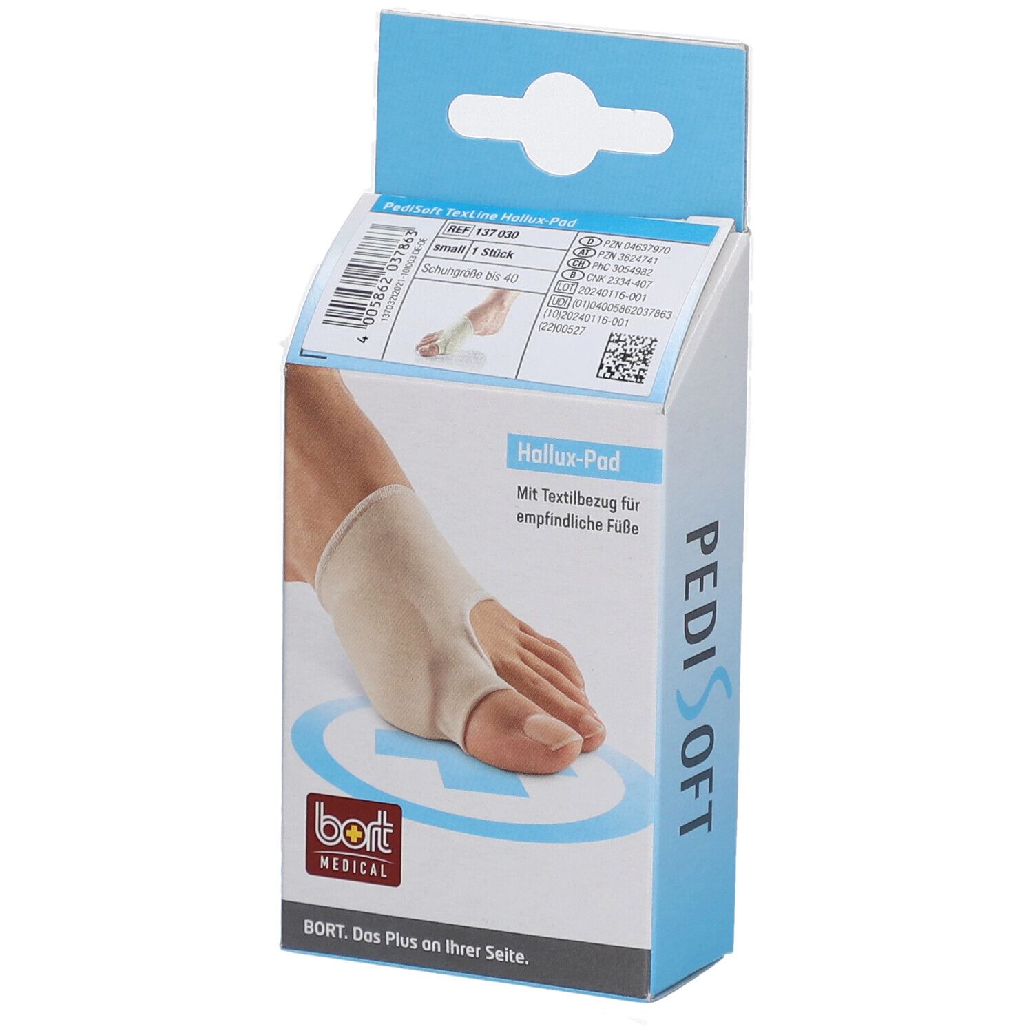 Emballage de Hallux-Pad. Coussinet beige sur le pied, illustré sur l'emballage. Marque BORT MEDICAL.