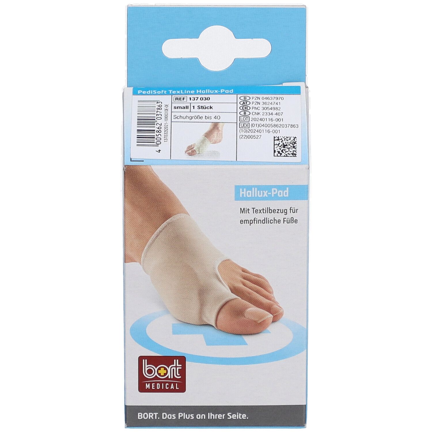 Emballage de Hallux-Pad. Coussinet beige sur le pied, illustré sur l'emballage. Marque BORT MEDICAL.
