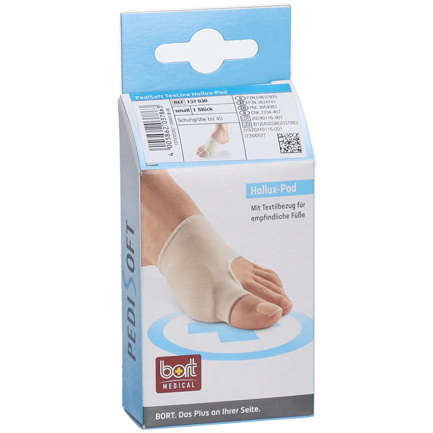Emballage de Hallux-Pad. Coussinet beige sur le pied, illustré sur l'emballage. Marque BORT MEDICAL.