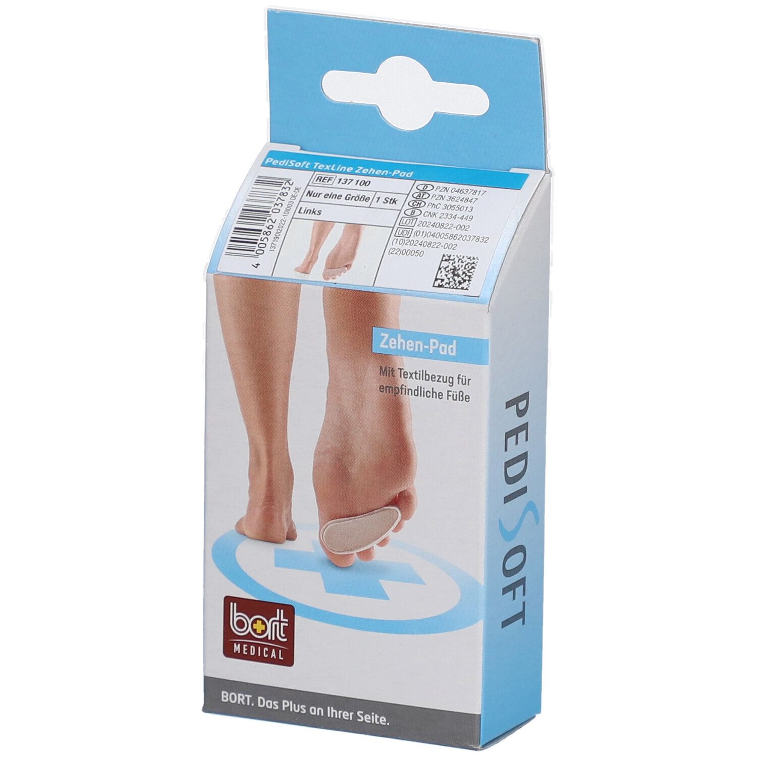Emballage BORT PediSoft TexLine Zehen-Pad. Image du produit, pied avec coussinet. Logo BORT MEDICAL.