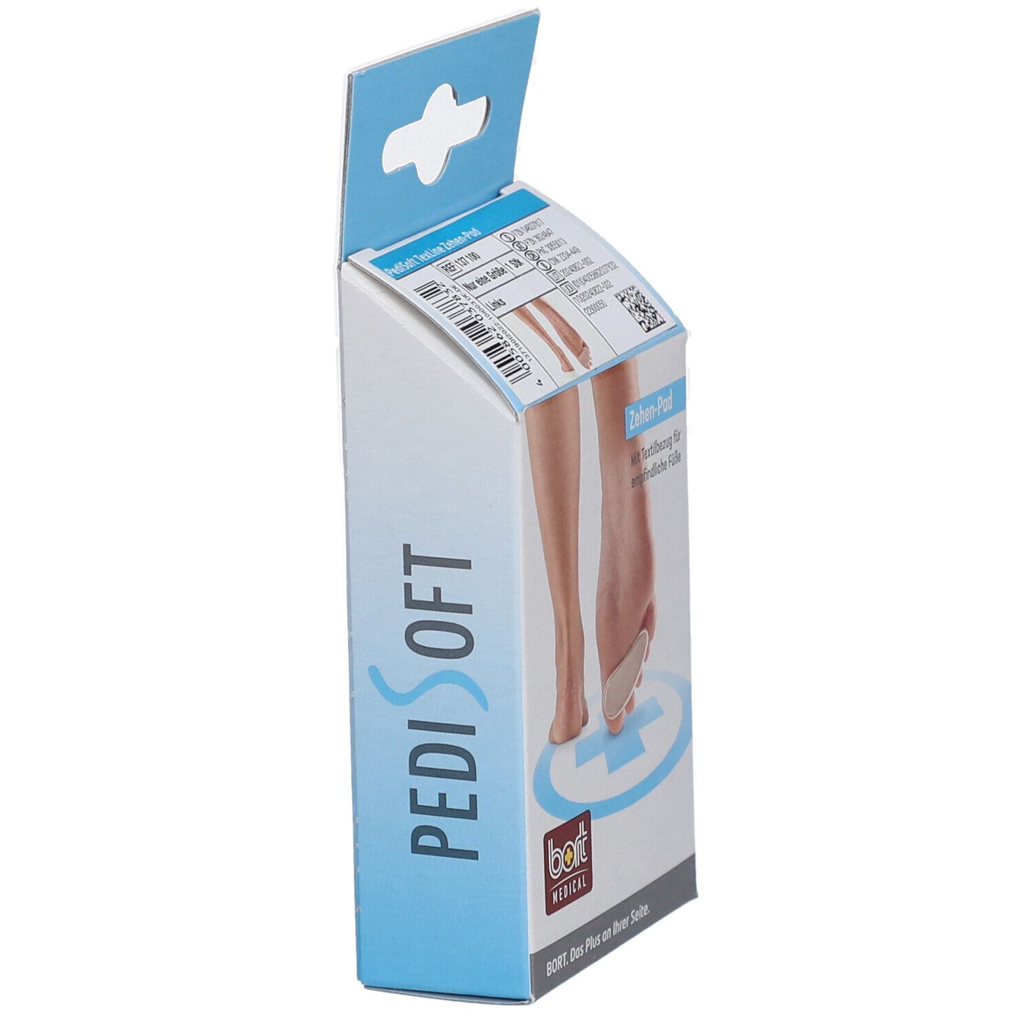 Vue latérale de l'emballage BORT PediSoft TexLine Zehen-Pad. Image du produit, pied avec coussinet. Logo BORT MEDICAL.