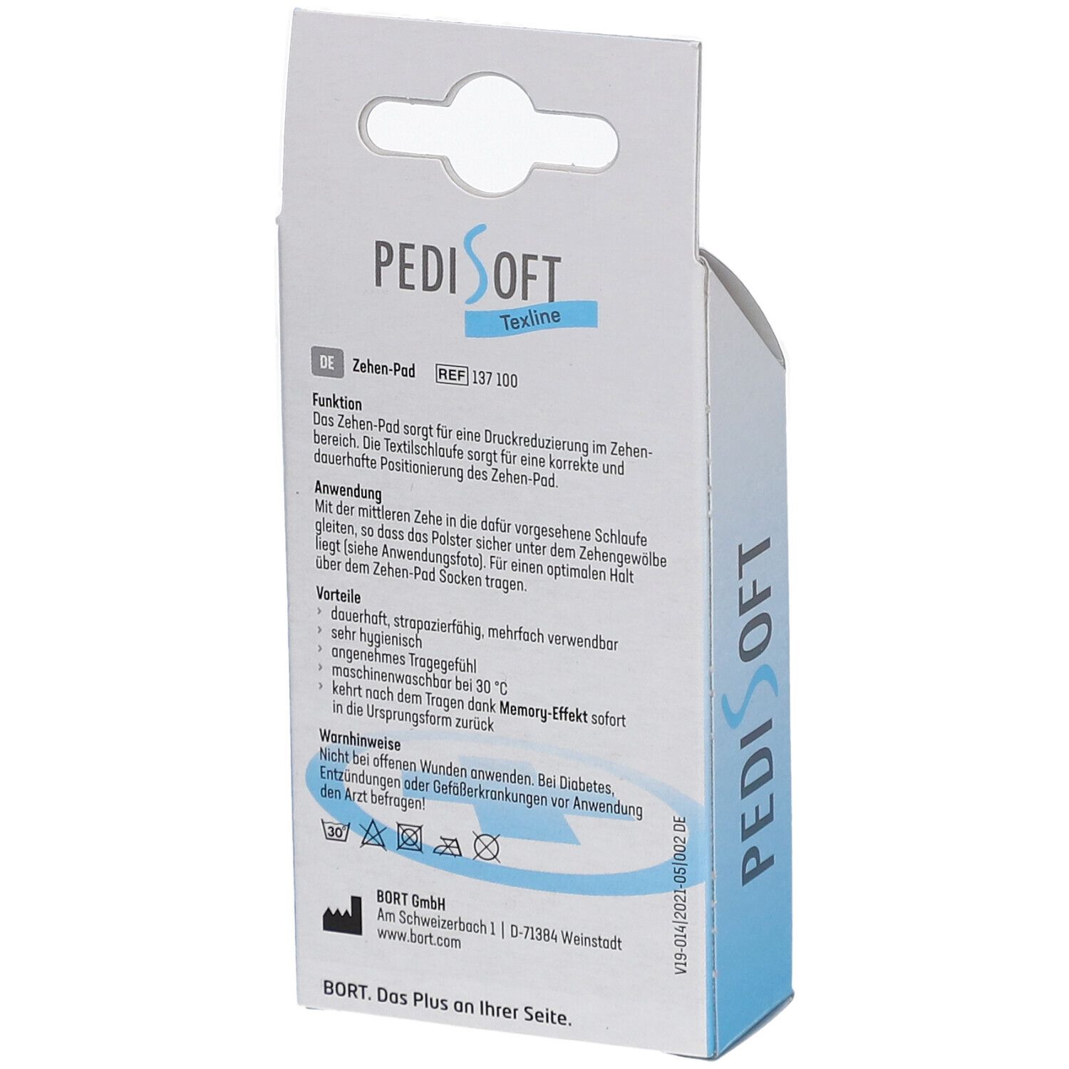 Dos de l'emballage BORT PediSoft TexLine Zehen-Pad. Informations textuelles, symboles de lavage, logo BORT.