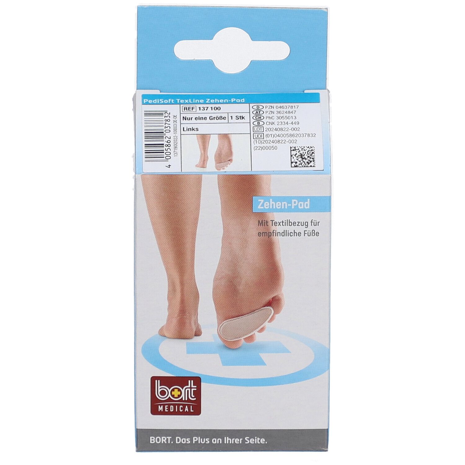 Emballage BORT PediSoft TexLine Zehen-Pad. Image du produit, pied avec coussinet. Logo BORT MEDICAL.