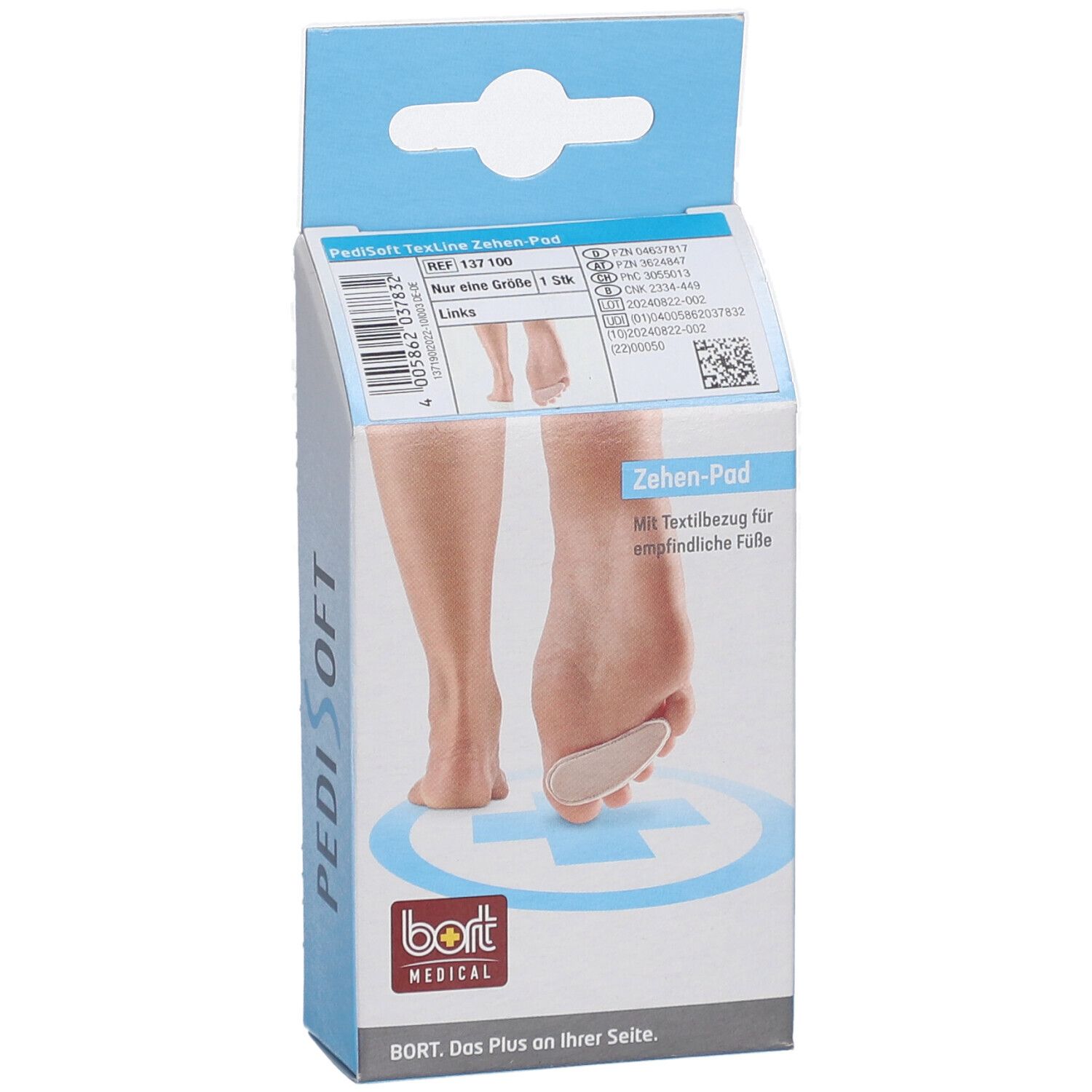 Emballage BORT PediSoft TexLine Zehen-Pad. Image du produit, pied avec coussinet. Logo BORT MEDICAL.