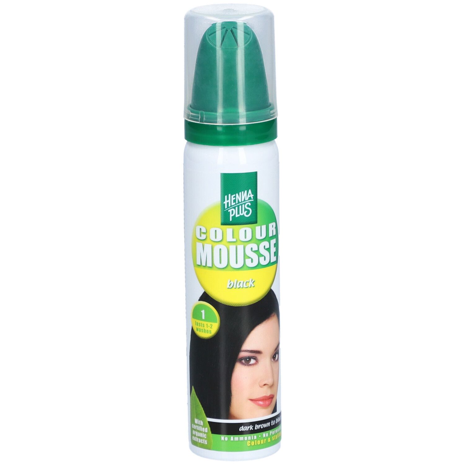 Flacon de HENNA PLUS Colour Mousse Schwarz. Tête de pulvérisation verte, étiquette jaune avec nom du produit et femme aux cheveux noirs.