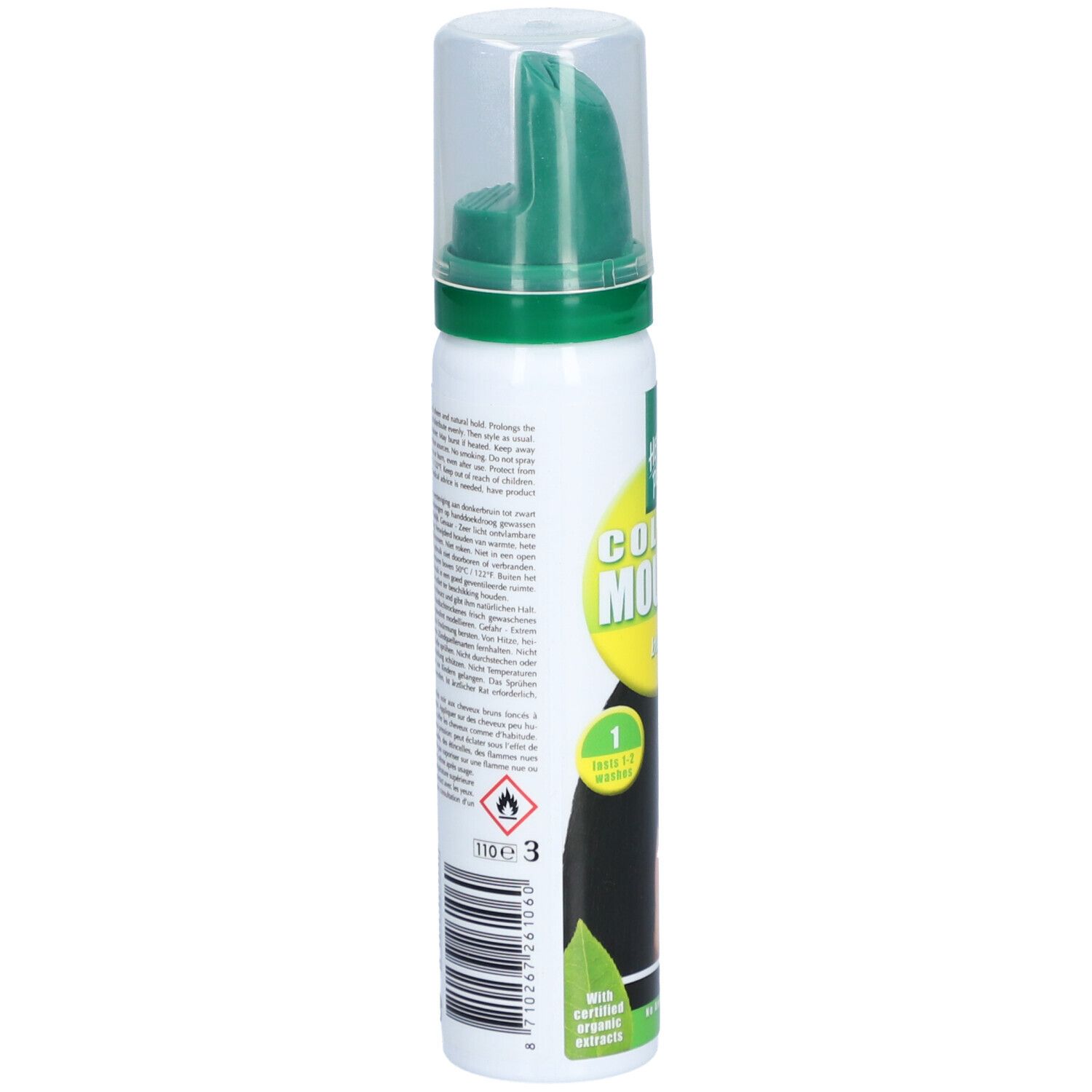Dos du flacon HENNA PLUS Colour Mousse Schwarz. Texte, avertissement, ingrédients et code-barres. Tête de pulvérisation verte.