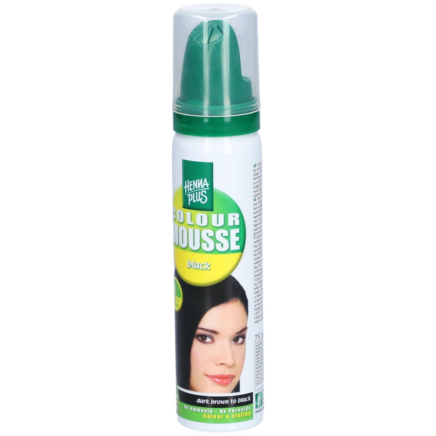 Flacon de HENNA PLUS Colour Mousse Schwarz. Tête de pulvérisation verte, étiquette jaune avec nom du produit et femme aux cheveux noirs.