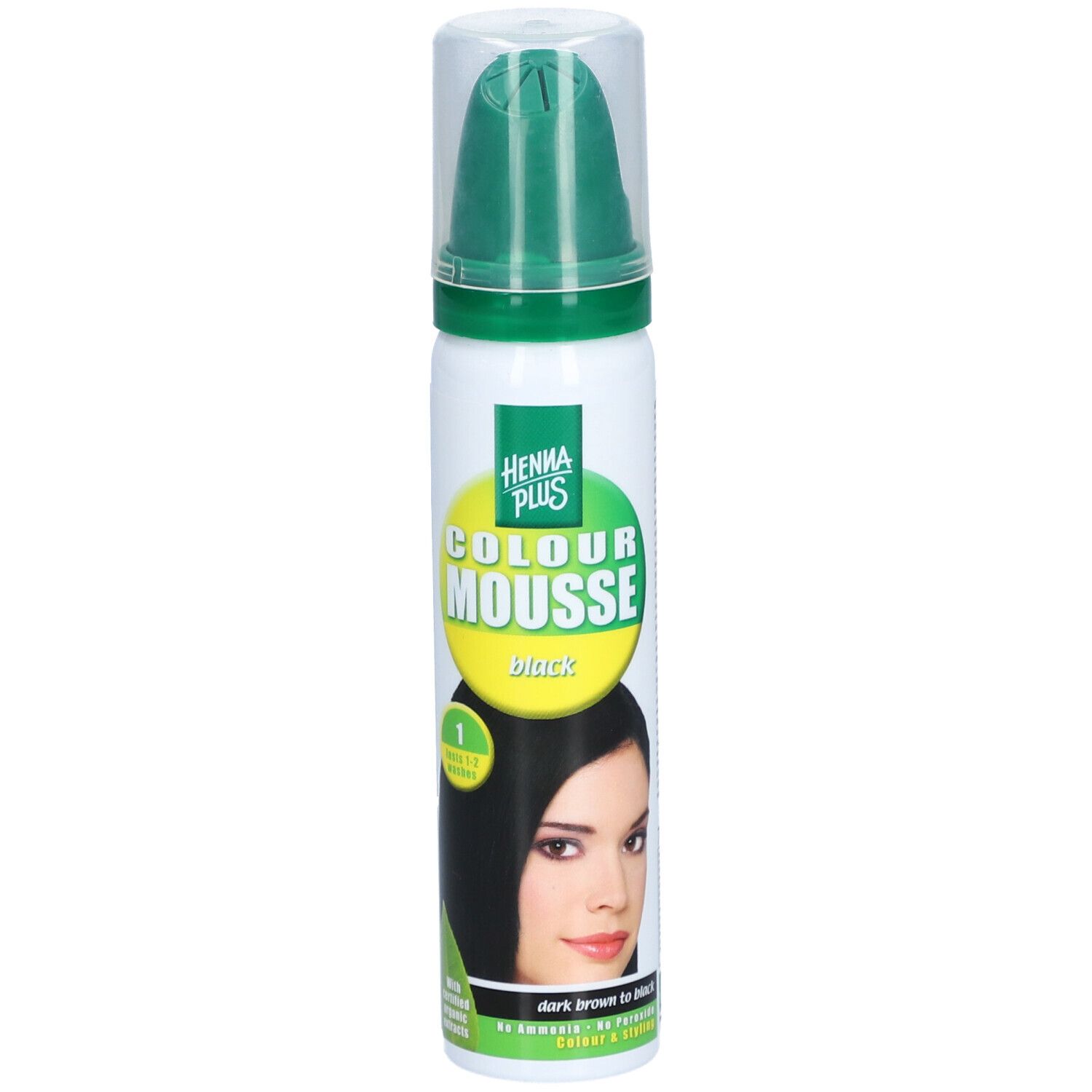 Flacon de HENNA PLUS Colour Mousse Schwarz. Tête de pulvérisation verte, étiquette jaune avec nom du produit et femme aux cheveux noirs.