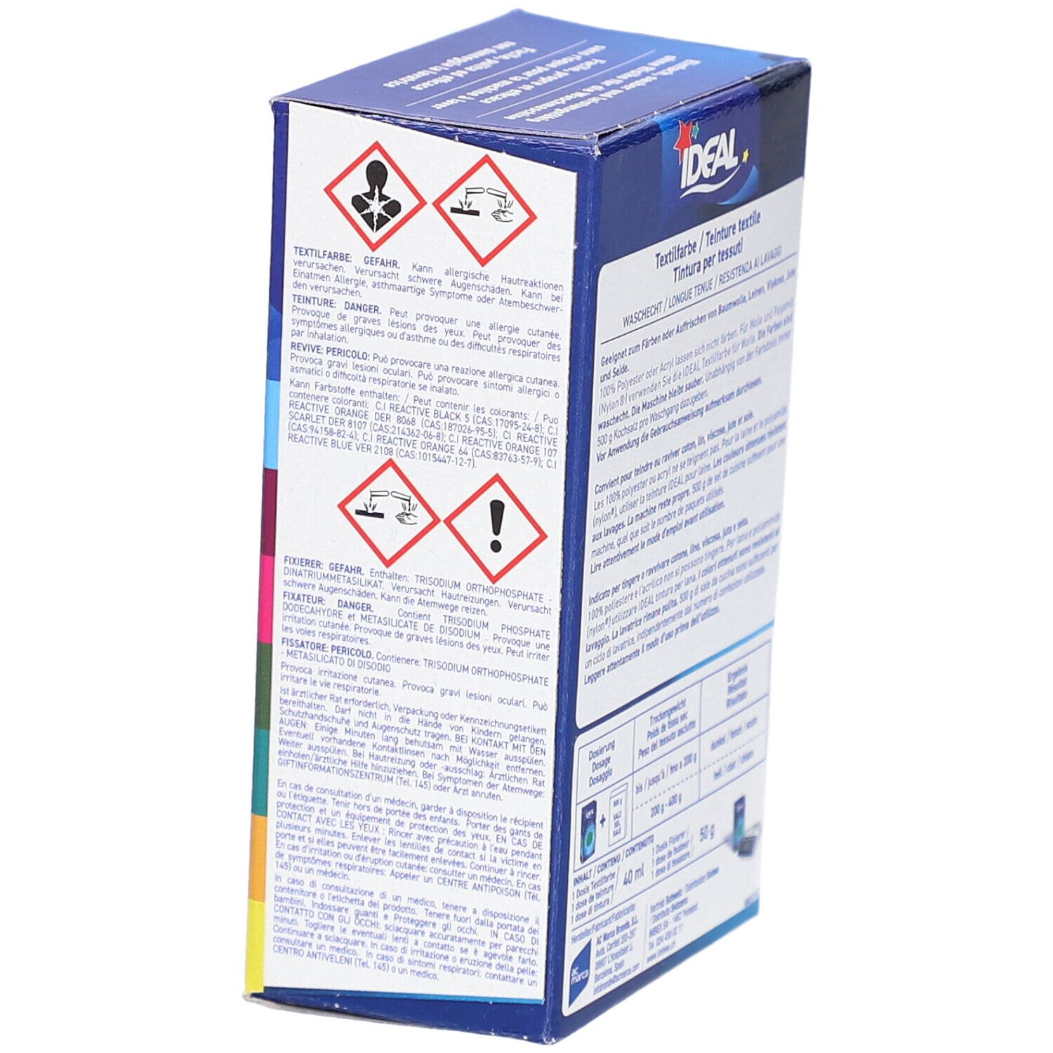 Emballage avec avertissements. Texte en allemand, français, italien. Symboles de danger.