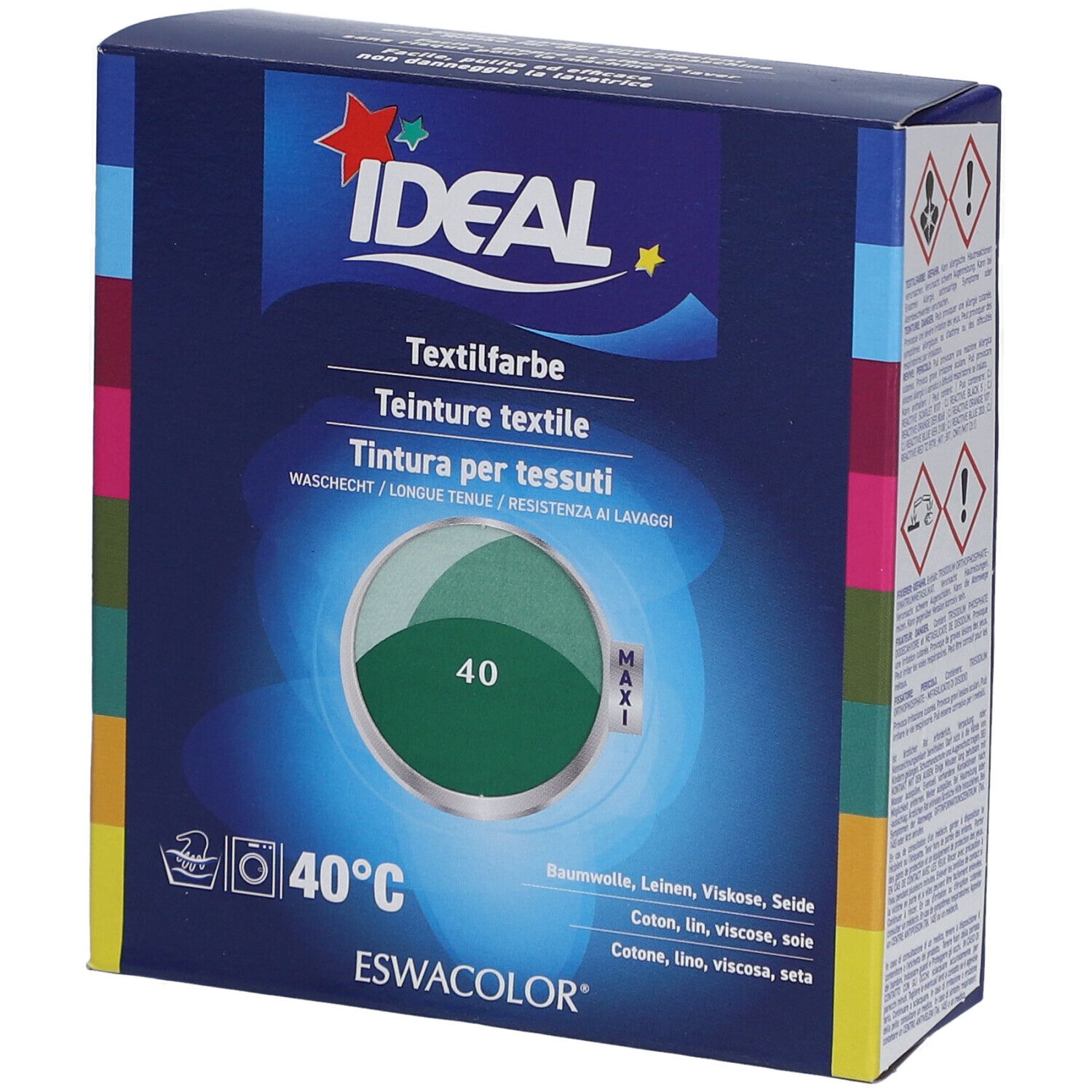 Teinture textile IDEAL, vert moyen 40. Résistant au lavage. Emballage avec image du produit et informations. Marque ESWACOLOR.