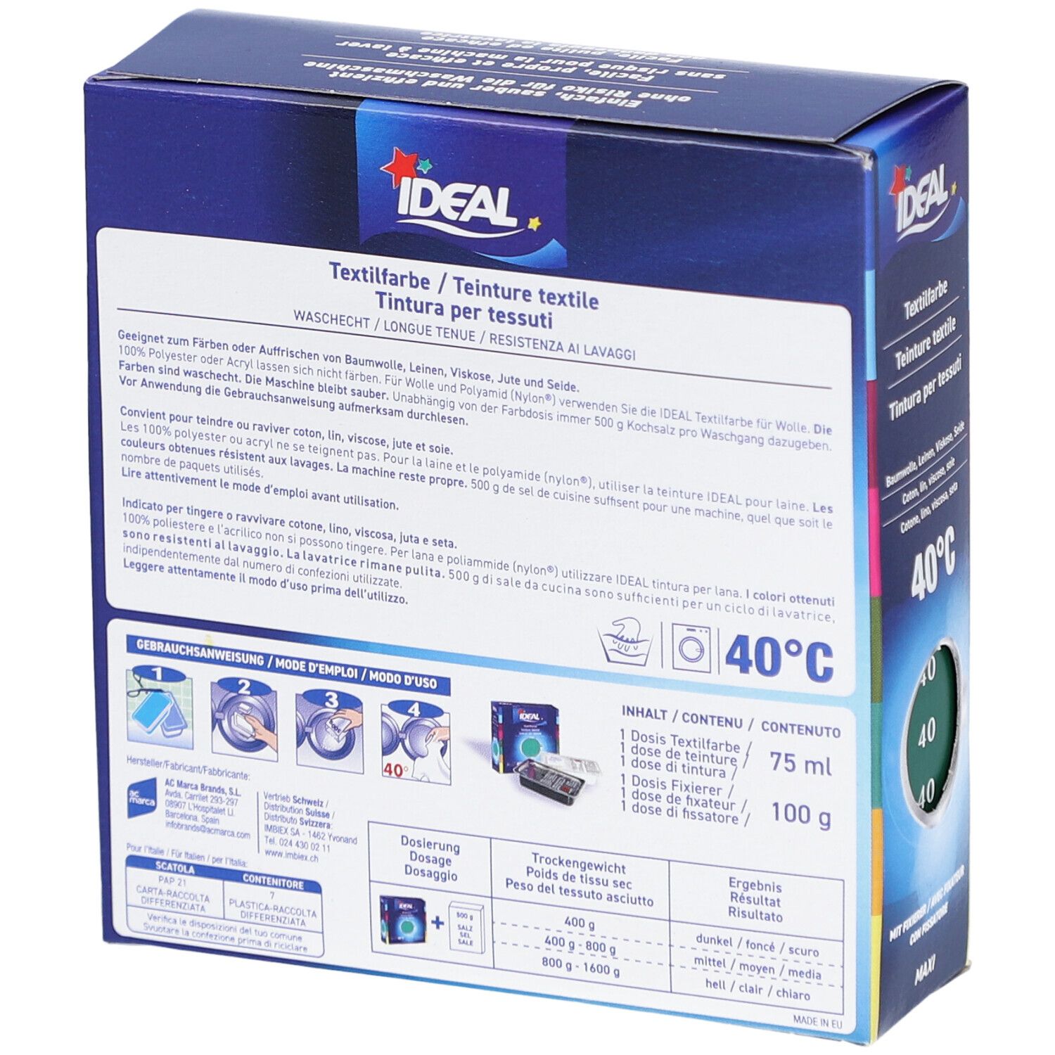 Dos de l'emballage de la teinture textile IDEAL. Contient les instructions de dosage et les informations. Résistant au lavage. ESWACOLOR.