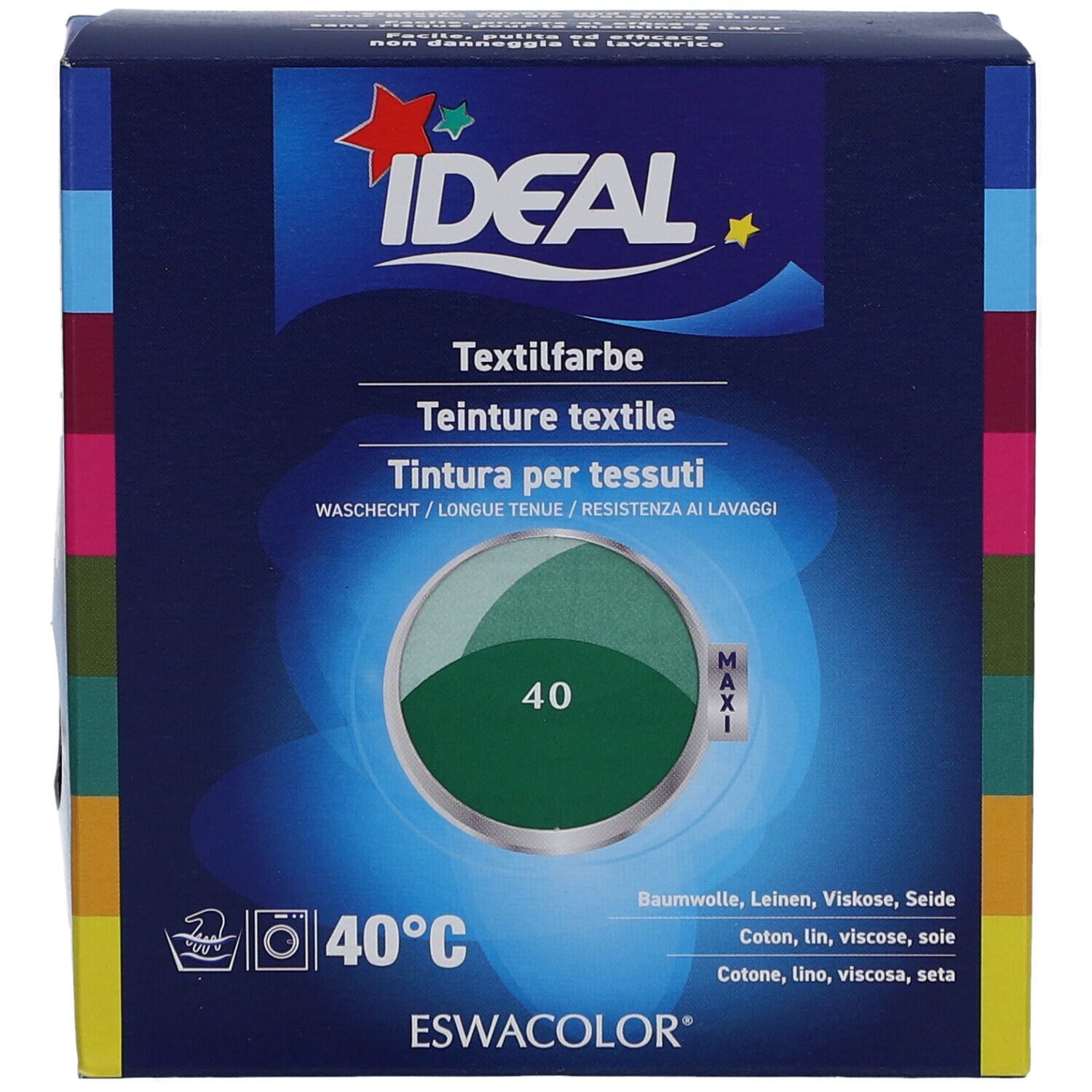 Teinture textile IDEAL, vert moyen 40. Résistant au lavage. Emballage avec image du produit et informations. Marque ESWACOLOR.