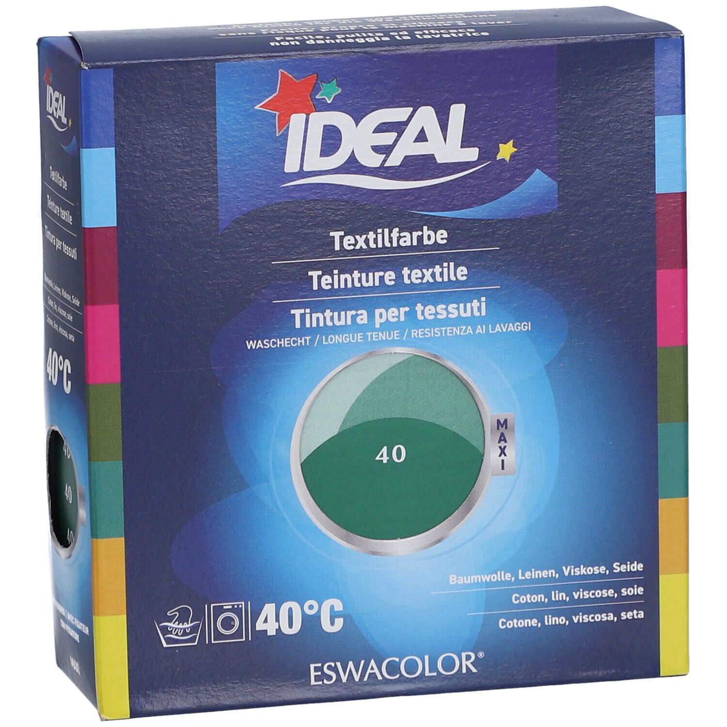 Teinture textile IDEAL, vert moyen 40. Vue en biais de l'emballage. Résistant au lavage. Marque ESWACOLOR. Image du produit.