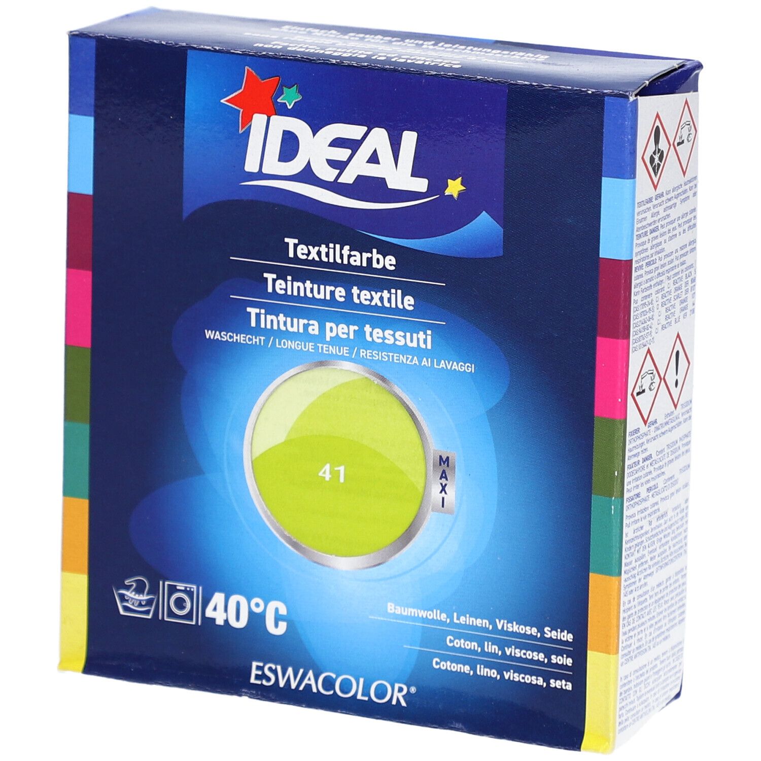 Boîte de teinture textile IDEAL, Anisgrün 41. Inscriptions : IDEAL, teinture textile, 40°C, ESWACOLOR. Cercle avec le numéro de couleur 41.