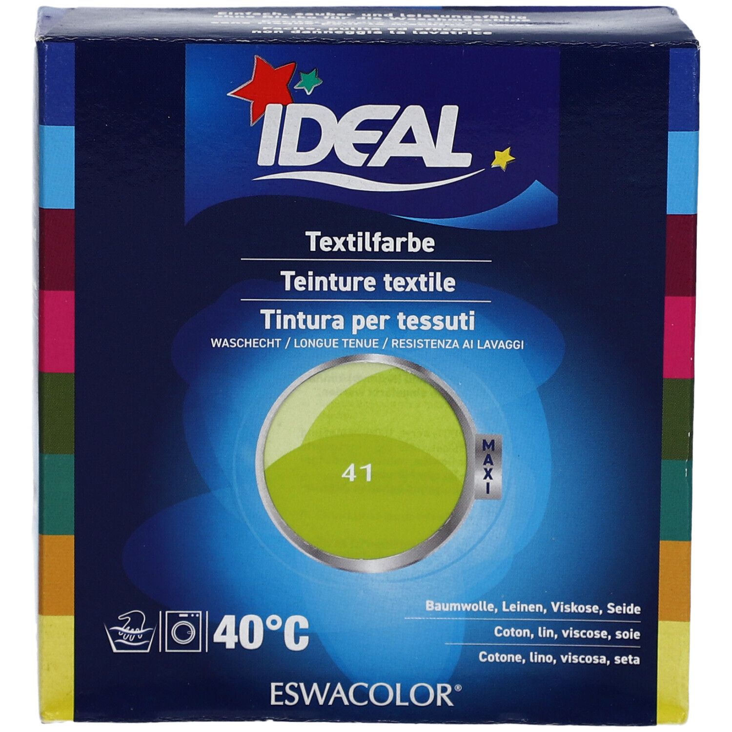 Boîte de teinture textile IDEAL, Anisgrün 41. Inscriptions : IDEAL, teinture textile, 40°C, ESWACOLOR. Cercle avec le numéro de couleur 41. Maxi.