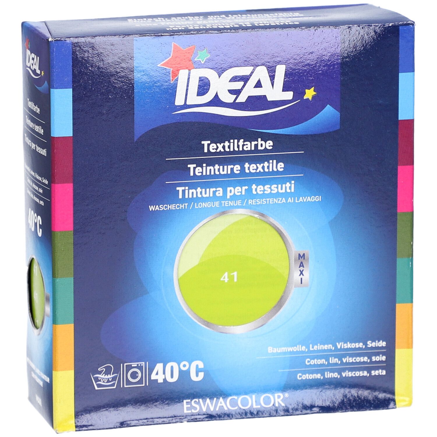 Boîte de teinture textile IDEAL, Anisgrün 41. Inscriptions : IDEAL, teinture textile, 40°C, ESWACOLOR. Cercle avec le numéro de couleur 41. Maxi.