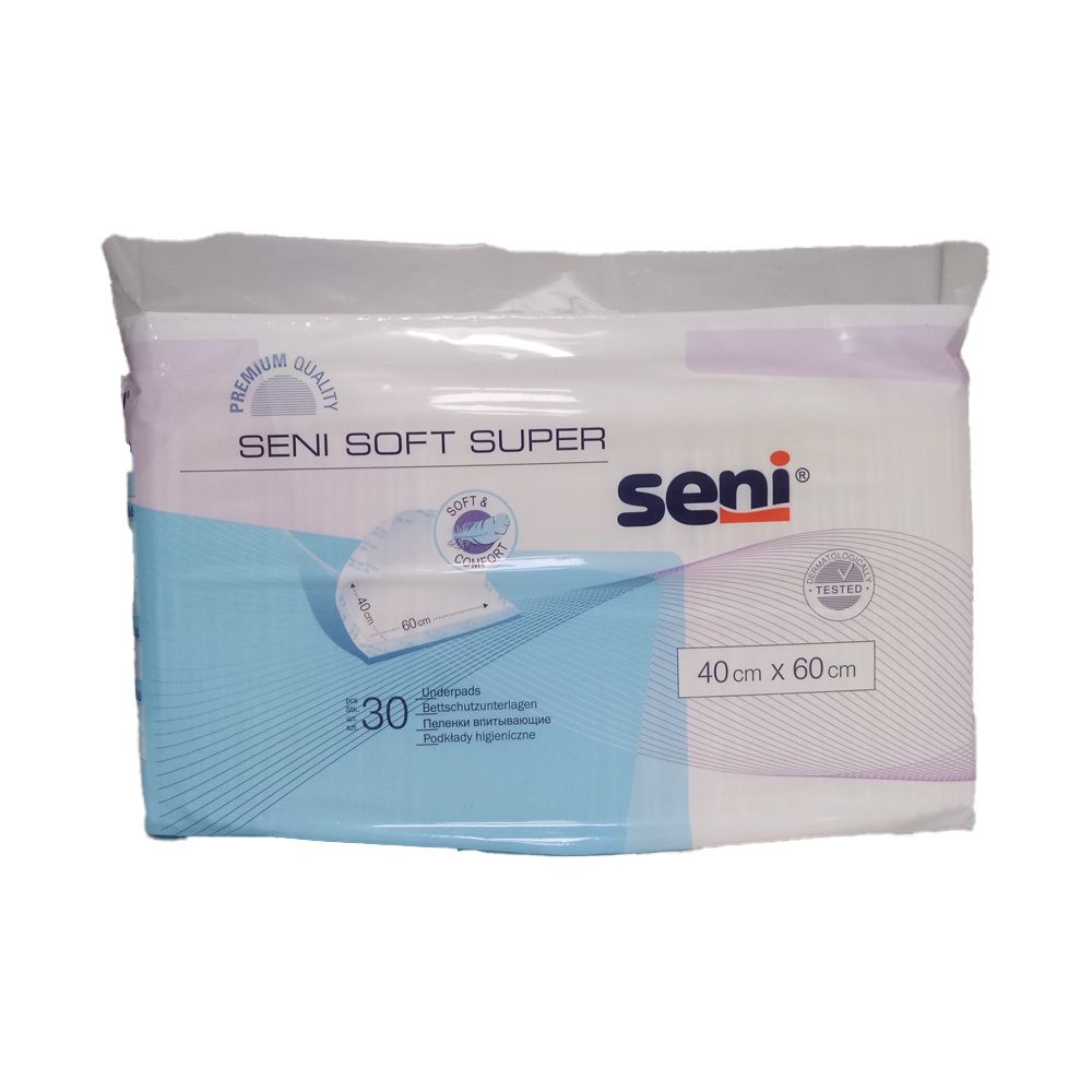 Paquet de protections Seni Soft Super. 30 unités, 40x60 cm. Marque Seni. Couleurs bleu et blanc.