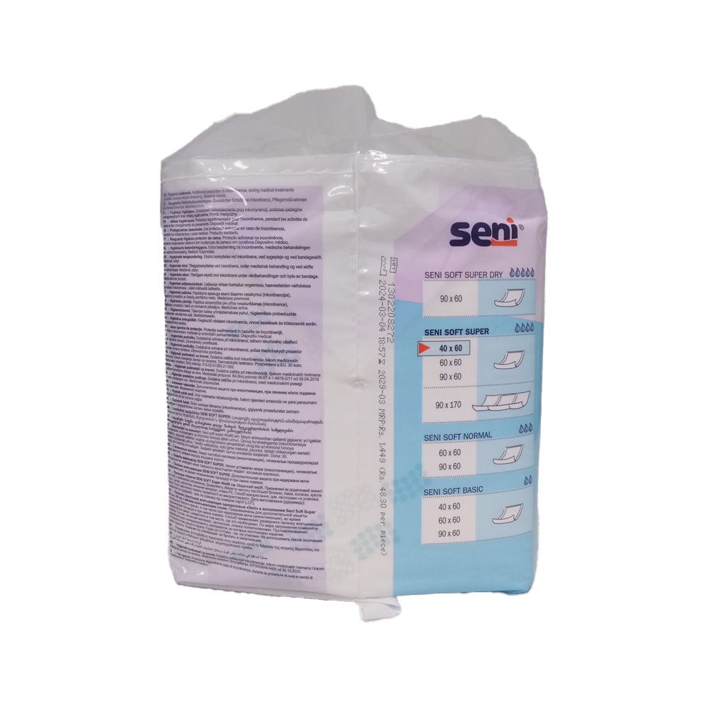 Dos du paquet de protections Seni Soft Super. Indications de tailles et marque Seni.