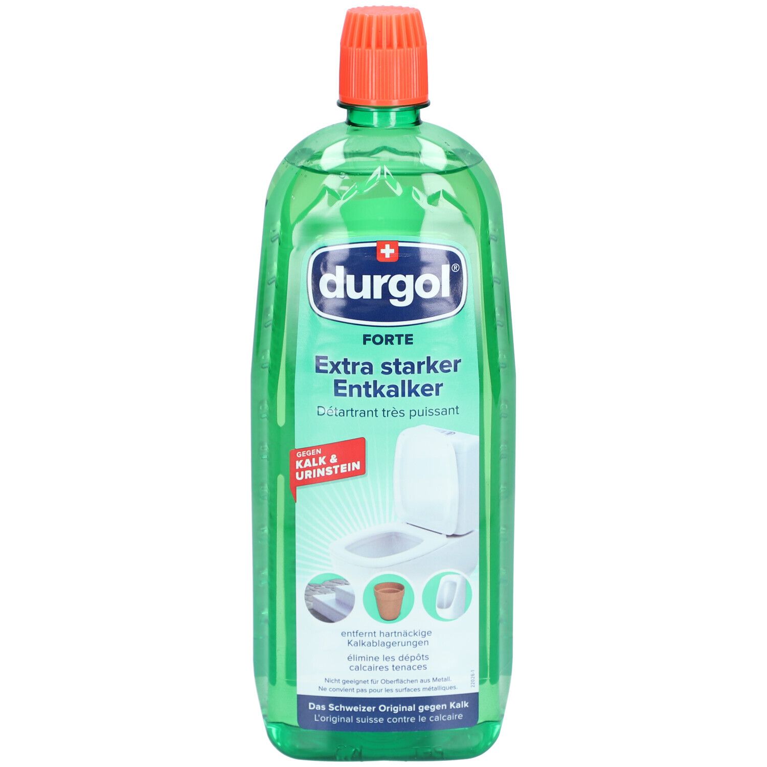 Flacon vert avec bouchon orange. Étiquette avec nom du produit et illustrations. "durgol forte" et "Extra starker Entkalker" visibles.