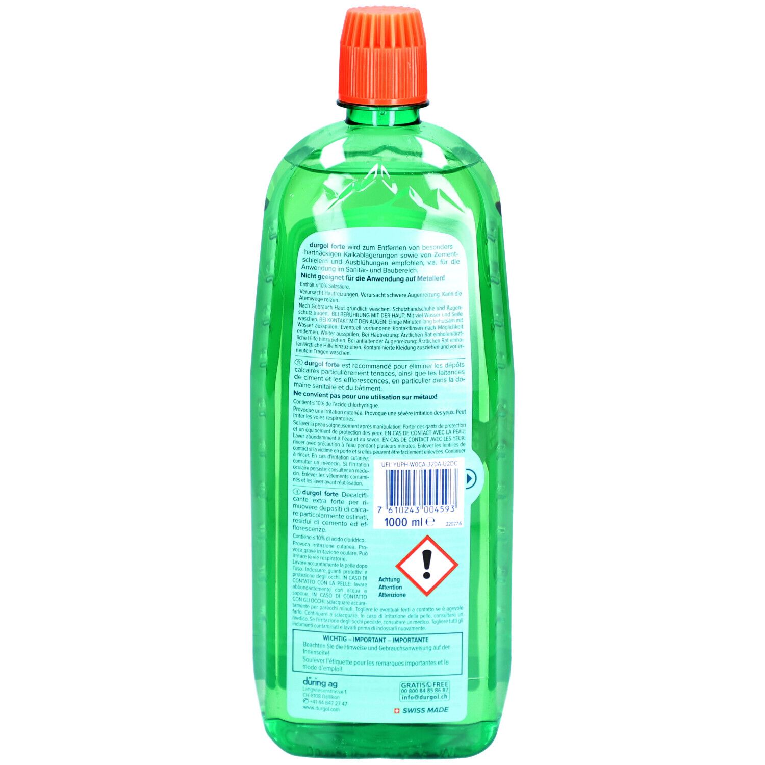 Dos d'une bouteille verte avec bouchon orange. Étiquette avec texte et avertissements. Indication de volume : 1000 ml.