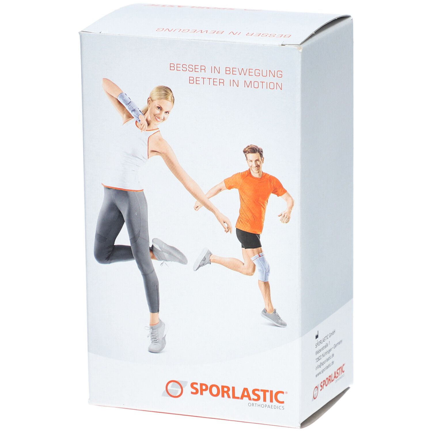 Emballage produit avec illustrations de personnes portant des bandages. Marque SPORLASTIC. Texte : BESSER IN BEWEGUNG / BETTER IN MOTION.
