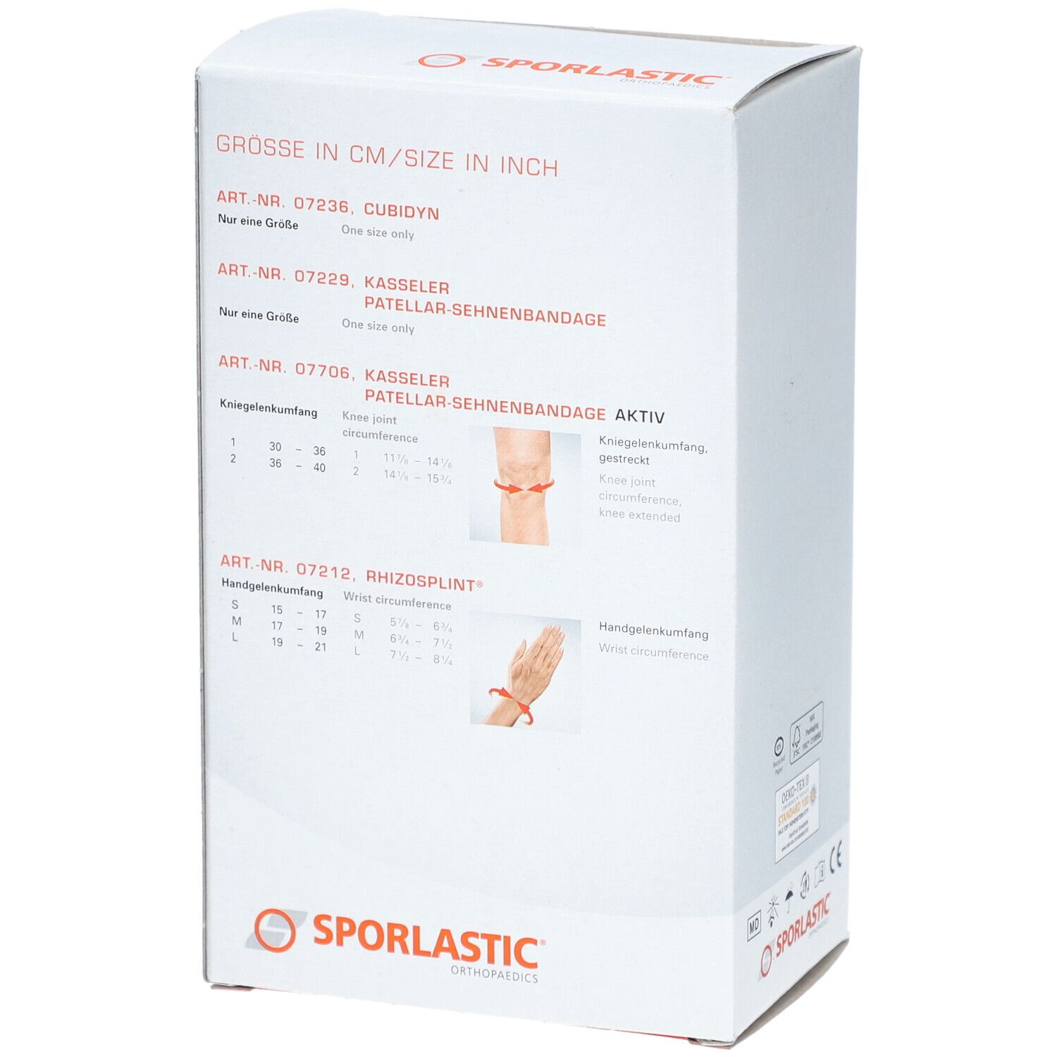 Emballage du produit avec tableau des tailles pour les bandages. Marque SPORLASTIC. Texte : GRÖSSE IN CM/SIZE IN INCH. Noms de produits.