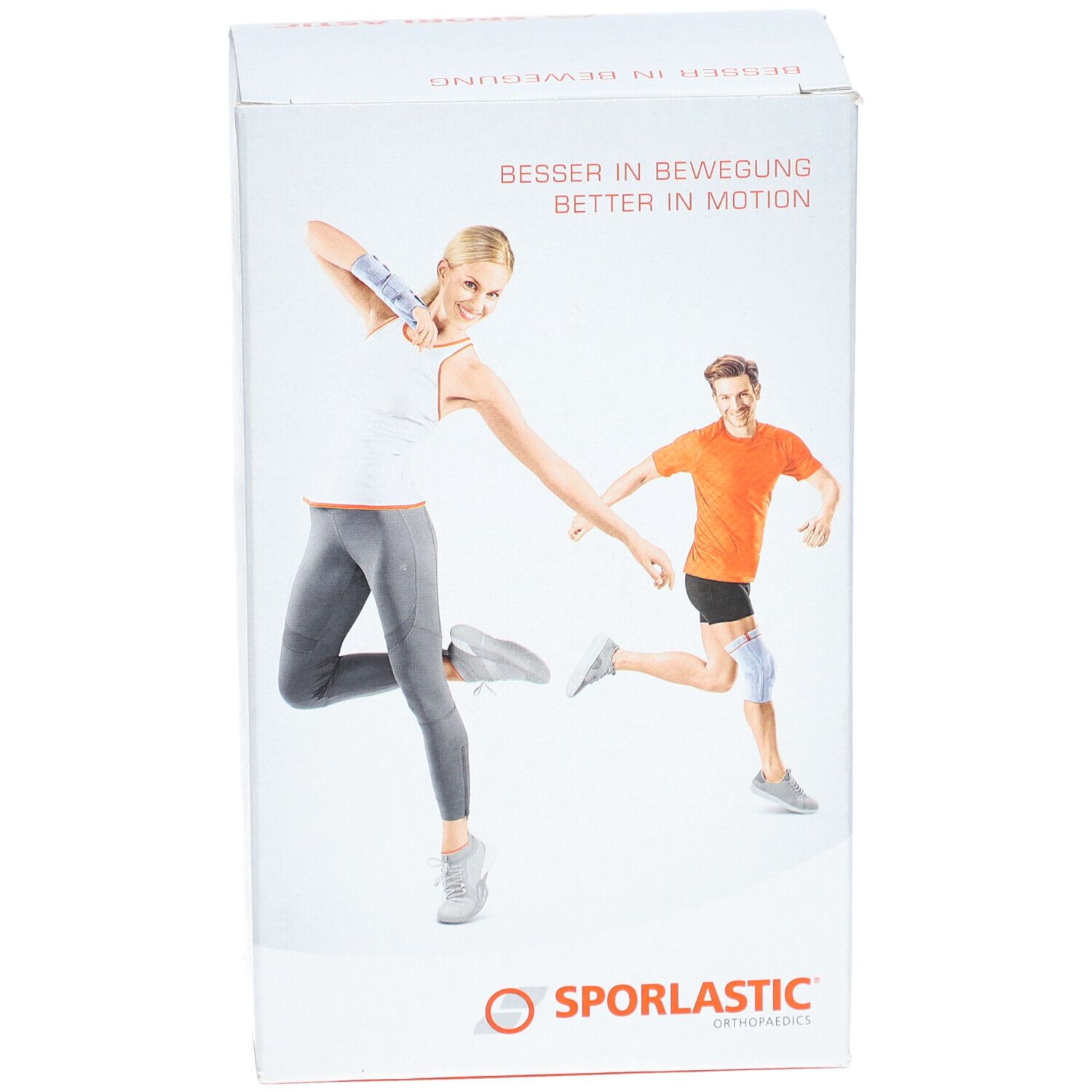 Emballage produit avec illustrations de personnes portant des bandages. Marque SPORLASTIC. Texte : BESSER IN BEWEGUNG / BETTER IN MOTION.